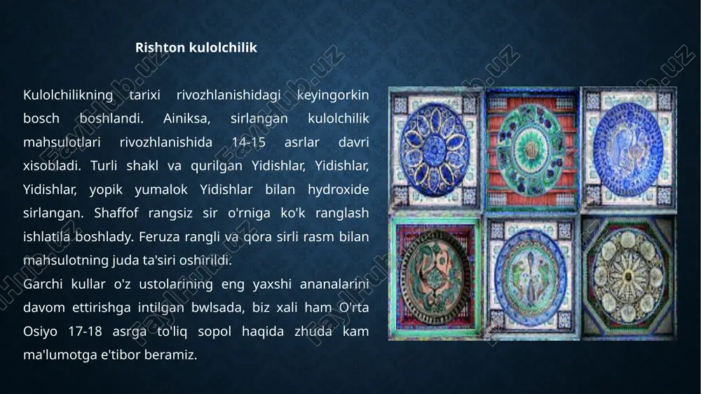 l va laborator usullar (tl, petrografiya, kimyoviy “barmoq izi”) birgalikda qo‘llanganda kulolchilikni aniq davrlashtirish va provenansini ko‘rsatish, mintaqaviy maktablar (xorazm, so‘g‘d, buxoro, farg‘ona, toshkent atrofi) o‘rtasidagi uslubiy almashinuvni tiklash imkonini beradi. texnologiyadagi pog‘onama-pog‘ona taraqqiyot — qo‘l bilan yasashdan g‘ildirakka, bir kamerali pechdan ikki kamerali pechga, angobdan sirli-polixrom bezakka — shakl, rang va kompozitsiyaning boyishiga sabab bo‘ldi; bu esa markaziy medalyon, bordyur, floral va epigrafik motivlarning mukammal kompozitsiyalarda barqarorlashuviga olib keldi. ijtimoiy-iqtisodiy jihatdan kulolchilik ustaxona tarmoqlari, mehnat ixtisoslashuvi va bozor standartlari orqali shahar xo‘jaligining muhim bo‘g‘iniga aylandi; saroy-diniy buyurtmalar texnik innovatsiyalarni rag‘batlantirdi, ipak yo‘li esa dizayn va texnologiya “ko‘chishini” tezlashtirdi. foydaniladigan adabiyotlar tolstov, s. p. po sledam drevnexorezmskoy tsivilizatsii. — m.: izd-vo an sssr, 1948. — 284 s. andrianov, b. v. drevnie orositelnie sistemi priaralya. — m.: nauka, 1969. — 248 s. pugachenkova, g. a.; rtveladze, e. v. iskusstvo sredney azii. — tashkent: fan, 1988. — 312 s. masson, m. e. …