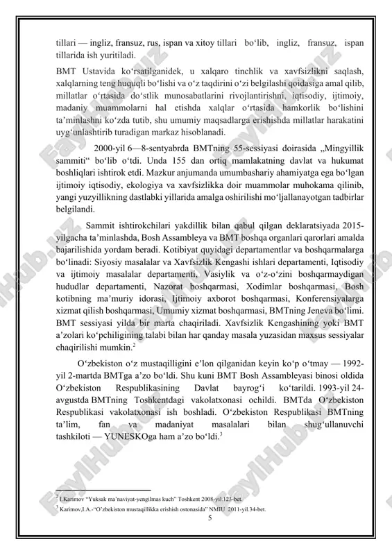 .-“o’zbekiston mustaqillikka erishish ostonasida” nmiu 2011-yil.34-bet.] birlashgan millatlar tashkilotiga aʼzo 193 davlat bmtga aʼzo davlatlar bmt qoshidagi kuzatuvchi davlatlar (falastin, vatikan shahri) 2 aʼzo boʻlmagan davlatlar (niue, kuk orollari) 17 oʻz-oʻzini boshqarish hududlari antarktida (xalqaro hudud) oʻzbekiston oʻz ovozi va mavqeiga ega boʻlgan aʼzo sifatida bmt oldiga muhim va dolzarb masalalarni qoʻyyapti. oʻzbekiston respublikasi prezidenti islom karimovning bmt bosh assambleyasi 48-sessiyasida (1993-yil sentyabr), bmt tashkil etilganining 50 yilligiga bagʻishlangan sessiyada (1995-yil oktyabr), bmt bosh assambleyasining „mingyillik sammiti“ (2000-yil sentyabr) da soʻzlagan nutqlari dunyo jamoatchiligida katta qiziqish uygʻotdi. xususan, ushbu xalqaro tashkilotning 20-asr soʻnggidagi eng yirik anjumanida oʻzbekiston rahbari xalqaro terrorizm va narkobiznes bilan bogʻliq muammolarni hal etish; mintaqaviy xavfsizlik, jumladan markaziy osiyo mintaqasida barqarorlik va xavfsizlikni taʼminlash; jahon xavfsizligi tizimini takomillashtirish, bmt faoliyati va tarkibiy tizimini isloh qilishga taalluqli takliflar bilan chiqdi. oʻzbekiston respublikasi bmtning teng huquqli aʼzosi sifatida bu eng nufuzli xalqaro tashkilotning maqsad va qoidalariga qatʼiy amal qilmoqda. …