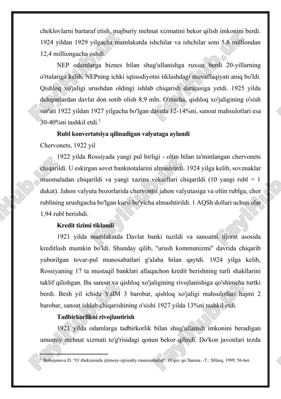 tamoyilga amal qilib, hamma narsani taslim qilishdi.[footnoteref:3] [3: azamat ziyo. “o`zbek davlatchiligi tarixi”.-t.: sharq, 2000.58-bet.] nep davridagi do'konlar shunga qaramay, 16 yoshga to'lgan har qanday fuqaro bino va binolarni, transport vositalarini, ishlab chiqarish uskunalarini ijaraga olish, har qanday buyumlar yoki mahsulotlar savdosi, maishiy xizmatlar, kafelar, do'konlar, restoranlarni ochish uchun litsenziya olishi mumkin edi. asosiy shart-soliqlarni o'z vaqtida to'lash va noqonuniy savdo, moliyaviy va boshqa operatsiyalarda qatnashmaslik. birjalarning tiklanishi nepning ijobiy yutuqlaridan biri bu savdoni rag'batlantiruvchi va muvozanatli narxlarni o'rnatishga hissa qo'shadigan birjalarning tiklanishi. birinchidan, tovar birjalari tiklandi. aytgancha, ular eng katta rivojlanishni oldilar. 1922 yil 20 oktyabrda xalq komissarlari kengashining qarori bilan qimmatli qog'ozlar bilan operatsiyalarni amalga oshirish uchun birjalar tashkil etildi. 1926 yil oxiriga kelib rossiyada 114 ta birja bor edi, ulardan 8514 ta jismoniy shaxslar va tijorat va sanoat korxonalari a'zo bo'lgan. o'sha paytda birjalar tijorat tashabbuslarini rivojlantirish markaziga aylandi, garchi erkin savdo endigina boshlanganda edi. nep matbuotning …