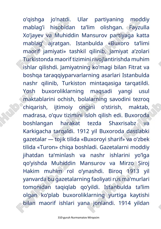farmonida nufuzli kishilardan iborat majlis tuzish, davlat xazinasini ta’sis etish va mamlakat byudjetini belgilash, poytaxtda bosmaxona ochish, sanoat va savdoni rivojlantirish, soliqlarni tartibga solish, amaldorlar ustidan nazorat o’rnatish va ularga moyana to’lash kabilar tilga olingan edi. yosh buxoroliklarning fitrat, fayzulla xo’jayev va usmon xo’jayev boshchiligidagi so’l qanoti farmon e’lon qilingan kunning ertasiga buxoro shahrida katta namoyish uyushtirdi va registonda miting o’tkazdi. 14 aprelda amir o’z farmonini bekor qildi. yosh buxoroliklar endi amir hokimiyatiga qarshi yashirin kurash yo’liga o’tdi. ular buxoro shahrini tark etishga majbur bo’ldi va yangi buxoro (kogon)ga kelib o’rnashdi. kogonda ular safiga buxorodan avval chiqib ketgan yirik savdogar muhiddin mansurov o’g’illari (abdulqodir, amin, isom muhidtsinov) va boshqalar bilan kelib qo’shildi. 1917 yil aprel voqealari yosh buxoroliklar partiyasi ichidagi bo’linishni chuqurlashtirdi va unda a. burhonov boshchiligidagi o’ng qanot vaqtinchalik ustun keldi. keyinchalik yosh buxoroliklar partiyasidan qisman islohotlar o’tkazish tarafdori bo’lgan jadidlarning ulamolar bilan bog’langan ikrom domla boshchiligidagi guruhi ajralib …