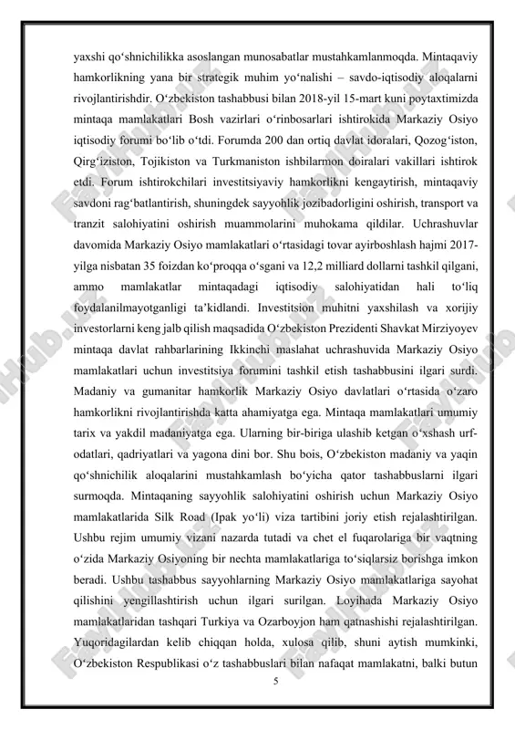 lari. o`zbekiston respublikasi ko`p tomonlama aloqalarni rivojlantirish uchun faol va tinchliksevar faoliyat olib bormoqda .masalan,1992-yil 2-martda respublikamiz tashqi siyosiy va ijtimoiy hayoti tarixida unutilmas sana bo’lib qoldi: -o`zbekiston birlashgan millatlar tashkilotiga a’zoligiga qabul qilindi. mamlakatimiz, shuningdek, xelsinki jarayoniga qo`shilib yevropa xavfsizlik va hamkorlik tashkilotining teng huquqli ishtirokchisiga aylandi. jumladan, butun dunyoda tinchlik va barqarorlikni mustahkamlash, afg`onistonda tinchlik o`rnatish, xalqlarning ijtimoiy-iqtisodiy taraqqiyotiga ko`maklashish,yadro quroli tarqalishning oldini olish bo`yicha bildirilgan takliflar jahon hamjamiyatini birlashtirishga intilayotgan bmt tomonidan qizg`in qo`llab-quvvatlandi. mamlakatimiz o`z tashqi siyosiy faoliyatini milliy manfaatlarini himoya qilish va ro`yobga chiqarish,respublika tevaragidagi xavfsizlik hududi yaratilishi,yaxshi qo`shnichilik va hamkorlik bo`lishiga imkon beradigan mustahkam o`zaro manfaatli davlatlararo munosabatlar qurish uchun yo`naltirtishga bo`lgan intilishi ana shunday omillaridan biri hisoblanadi.o`zbekistonning xorijiy mamlakatlar bilan hamkorlik jo`g`rofiyasi benihoya kengdir. [footnoteref:1] u aqsh to yaponiyagacha,malayziyadan to buyuk biritaniyaga qadar bo`lgan hududni qamrab olgan va ayni paytda, o`zbekiston chet mamlakatlarida ishtirok etish uchungina bo`ladigan diplomatiya ishtirokiga intilmaydi.o`z-o`zidan ayonki,bu yerda tashqi …
