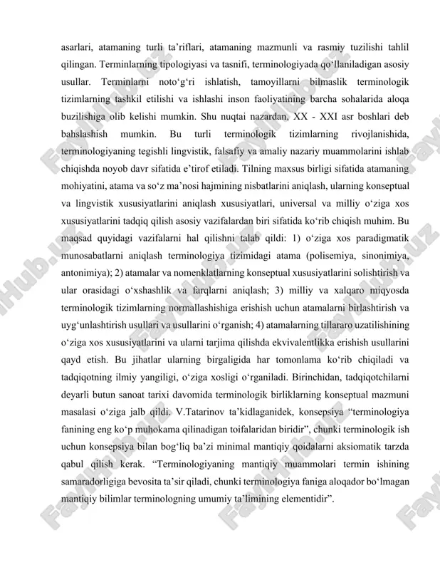 l metaforalar tahlil qilinadi (shakli, funksiyasi, shakli va funksiyasining o‘xshashligi, shakli va joylashuvi, tuzilishi, izchilligi, assotsiativ o‘tkazmalari). muallif terminologiyada metaforizatsiyaga uchraydigan o‘ziga xos so‘z birikmalarining asosiy leksik va semantik guruhlarini aniqlaydi: somatizmlar, zoosemizmlar, kundalik so‘zlar va kundalik lug‘atga aloqador bo‘lmagan boshqa leksik-semantik guruhlar. terminologiya bo‘yicha eng muhim ishlardan biri bu v.leychikning “terminologiya: predmeti, usullari, tuzilishi” 6 tadqiqotidir, unda asosiy terminologiya asarlari, atamaning turli ta’riflari, atamaning mazmunli va rasmiy tuzilishi tahlil qilingan. terminlarning tipologiyasi va tasnifi, terminologiyada qo‘llaniladigan asosiy usullar. terminlarni noto‘g‘ri ishlatish, tamoyillarni bilmaslik terminologik tizimlarning tashkil etilishi va ishlashi inson faoliyatining barcha sohalarida aloqa buzilishiga olib kelishi mumkin. shu nuqtai nazardan, xx - xxi asr boshlari deb bahslashish mumkin. bu turli terminologik tizimlarning rivojlanishida, terminologiyaning tegishli lingvistik, falsafiy va amaliy nazariy muammolarini ishlab chiqishda noyob davr sifatida e’tirof etiladi. tilning maxsus birligi sifatida atamaning mohiyatini, atama va so‘z ma’nosi hajmining nisbatlarini aniqlash, ularning konseptual va lingvistik xususiyatlarini aniqlash xususiyatlari, …