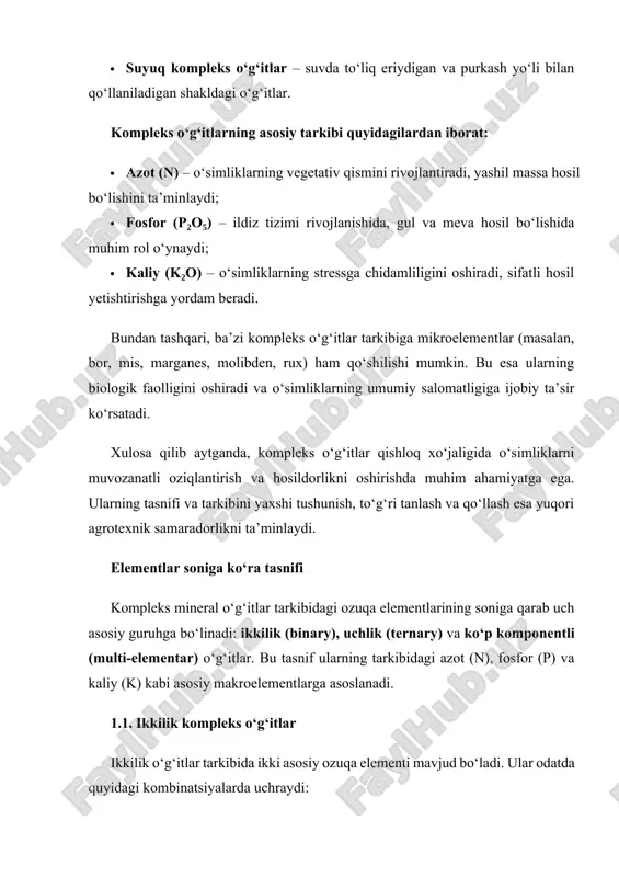 etishi (segregatsiya) mumkin. · misol: granulalangan superfosfat, ammoniy nitrat va kaliy xloridni mexanik aralashtirish orqali tayyorlangan npk aralashmasi. 2.2. kimyoviy kompleks o‘g‘itlar bu turdagi o‘g‘itlar kimyoviy reaksiyalar orqali sintez qilinadi, ya’ni har bir granula tarkibida barcha kerakli elementlar mavjud bo‘ladi. bu ularni bir hil taqsimlangan va yuqori samarali o‘g‘itga aylantiradi. · xususiyatlari: · granulalarning kimyoviy tarkibi bir xil. · o‘g‘it bir tekis eriydi va o‘simliklar tomonidan yaxshi o‘zlashtiriladi. · agrotexnik samaradorligi yuqori. · ishlab chiqarish usullari: · asidifikatsiya usuli – fosforitlar va sulfat kislota bilan ishlov berish. · granulatsiya usuli – eritmalarni bug‘latib yoki kimyoviy reaksiya orqali granula holiga keltirish. · ammonizatsiya – fosforli komponentlar azotli birikmalar bilan reaksiyaga kiritiladi. · misollar: · nitrofoska (npk) – azot, fosfor va kaliy kimyoviy reaksiyalar orqali yagona birikma holida granulalangan. · ammofos – ammiak va fosfor kislotasining reaksiyasi natijasida olinadi. 2.3. suyuq kompleks o‘g‘itlar bu usulda o‘g‘itlar suyuq fazada bo‘lib, ularni asosan purkash …