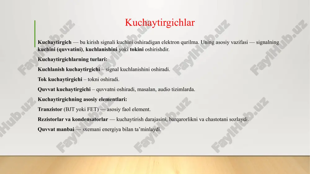 u” kirishiga standart davrli impuls kuchlanishi beriladi, u modulyatorga uzatiladi. modulyator ent ning ekranida yorqin uzluksiz chiziqlar hosil qiladi kolibrator orqali noma’lum kuchlanish qiymatini va chastotasini aniqlashda xatoligi 3 – 10 % ni tashkil qiladi. p4 kalit “x” zanjiriga ulangan yoyuvchi generatorni o‘chirib kirishdan signalni to‘g‘ri “x” kuchaytirgichga o‘zatish imkonini beradi. 1-rasmda ko‘rsatilgan p–kalitning holati uchun ossolografning ishlashni ko‘rib chiqamiz: og‘diruvchi generator ishlab chiqqan arrasimon ko‘rinishdagi tebranish “x” kuchaytirgichi orqali ent ning gorizontal (“x” o‘qi) og‘diruvchi plastinkasiga uzatiladi. ent ning katodidan ekranga qarab nur ko‘rinishida harakatlanayotgan elektronlarni gorizontal (“x” o‘qi bo‘yicha) og‘diriladi va ekranda, arrasimon tebranishning bir davr ichida, elektronlar hisobiga chiziq ko‘rinishdagi yoritilgan chiziq hosil bo‘ladi. tebranishning bir davri tugashi bilan tebranishning boshlang‘ich qiymati nolga teng bo‘ladi. bu paytda elektron nur boshlang‘ich holatiga qaytadi. bu jarayon davriy ravishda qaytarilib, ekranda doim yoritilgan chiziq hosil bo‘lib turadi. shunday qilib “x” o‘qi bo‘yicha bir tekisda xarakatlanuvchi nurning siljishi vaqtga proporsional bo‘lib …