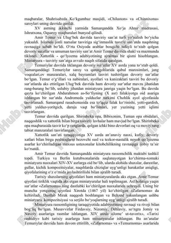 yutuqlar meʼmorchilik yodgorliklarida aniq koʻrinadi (shohizinda, ahmad yassaviy, goʻri amir maqbaralari, bibixonim masjidi, ulugʻbek madrasasi) ularning old tomoni va ichki qiyofasi rejalarini tuzishda meʼmoriy shakllarning umumiy uygʻunligini belgilovchi geometrik aniq oʻzaro nisbati bor. bezak va sayqal ishlari ham bino qurilishi jarayonida baravar amalga oshirilgan. temuriylar davrigacha va undan keyin movarounnahr va xuroson meʼmorchiligida bezak va naqsh bu qadar yuksalmagan. temur va ulugʻbek davri meʼmorchiligida bezakda koʻp ranglik va naqshlar xilma-xilligi kuzatildi. epigrafik bitiklarni binoning maxsus joylariga, xattotlik sanʼatini mukammal egallagan ustalar olti xil yozuvda ishlagan. kushon qatlamlarida tasvir mazmuni kam uchraydi. oqsaroy peshtoqlarida sher bilan quyoshning juft tasviri uchraydiki, bu razmiy maʼnoga ega. temur va ulugʻbek davrida bino ichining bezagi ham xilma-xil boʻlgan. devor va shift, hatto gumbaz ham naqsh bilan ziynatlangan. temur davrida qurilgan binolarda koʻk va zarhal ranglar ustun boʻlib, dabdabali naqshlar ishlangan, ulugʻbek davrida xitoy chinnisiga oq fondagi koʻk naqshlar uchraydi. bu davrda diniy inshootlar, hukmdor saroylari, …