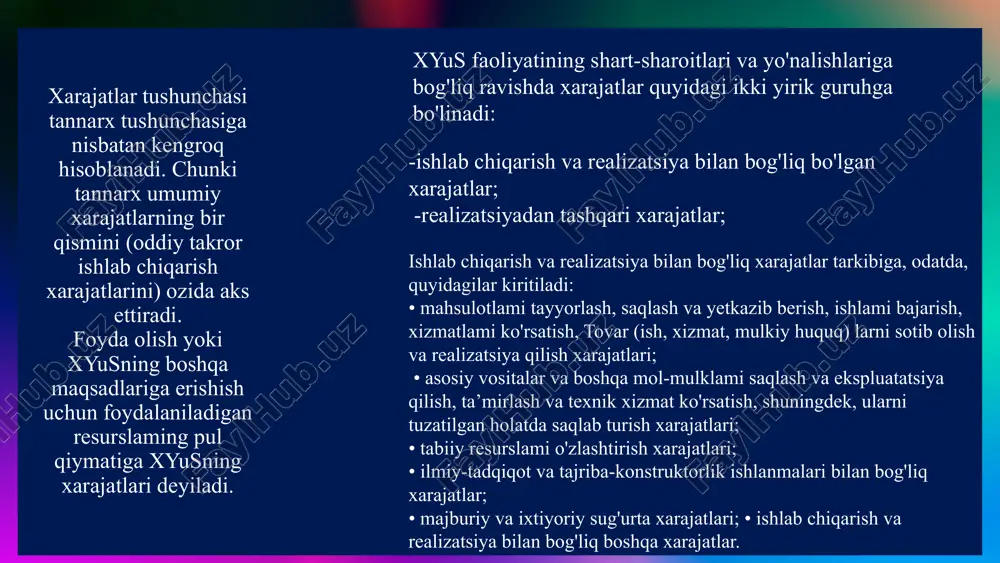 tovarlar, mahsulotlar va xizmatlaring tannarxi. sofk= yak - tx – bx bu yerda: sofk— xyusning sotuvdan olgan foydasi; yak — xyusning yalpi foydasi; tx — tijoriy xaraxatlar; bx — boshqaruv xarajatlari. stfk = sofk+ bd – bx bu yerda: stfk— soliqqa tortilgunga qadar xyusning foydasi; sofk— xyusning sotuvdan olgan foydasi; bd — boshqa daromadlar; bx — boshqa xarajatlar. sfk = stfk – fos bu yerda: sfk— xyusning sof foydasi; stfk— soliqqa tortilgunga qadar xyusning foydasi; fos — foydadan olingan soliq. foydadan soliqlar va boshqa majburiy to'lovlar to'langanidan so'ng uning qolgan qismi xyus tomonidan mustaqil ravishda taqsimlanadi va foydalaniladi foydani hisoblashning bazi turlari: image1.jpeg image2.jpeg image3.png image4.png image5.png /docprops/thumbnail.jpeg