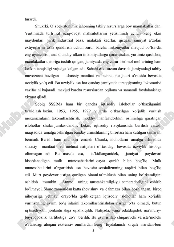 sodiy rivojlanishda burilish yasash maqsadida amalga oshirilgan bunday urinishlarning birortasi ham kutilgan samarani bermadi. berishi ham mumkin emasdi. chunki, islohotlarni amalga oshirishda shaxsiy manfaat va mehnat natijalari o’rtasidagi bevosita uzviylik hisobga olinmagan edi. bu masala esa, ta’kidlanganidek, jamiyat poydevori hisoblanadigan mulk munosabatlarini qayta qurish bilan bog’liq. mulk munosabatlarini o’zgartirish esa bevosita sotsializmning taqdiri bilan bog’liq edi. murt poydevor ustiga qurilgan binoni ta’mirlash bilan uning ko’rkamligini oshirish mumkin. ammo uning mustahkamligi-yu samaradorligini oshirib bo’lmaydi. shuro zamonidan katta shov shuv va dahmaza bilan boshlangan, biroq nihoyasiga yetmay, orayo’lda qolib ketgan iqtisodiy islohotlar ham xo’jalik yuritishning ayrim bo’g’inlarini takomillashtirishdan nariga o’ta olmadi, butun iq tisodiyotni jonlantirishga ojizlik qildi. natijada, yana odatdagidek ma’muriy-buyruqbozlik tartibotiga zo’r berildi. bu usul ishlab chiqaruvchi va iste’molchi o’rtasidagi aloqani ekstensiv omillardan keng foydalanish orqali naridan-beri ta’minlash imkonini berdi. ammo tabiiy resurslarning ham chegarasi bor, imkoniyatlari cheklangan. ulardan kelajak avlod manfaatlarini hisobga olmasdan, pala-partish foydalanish talay muammoalarni, jumladan, ekologik keskinlikni …