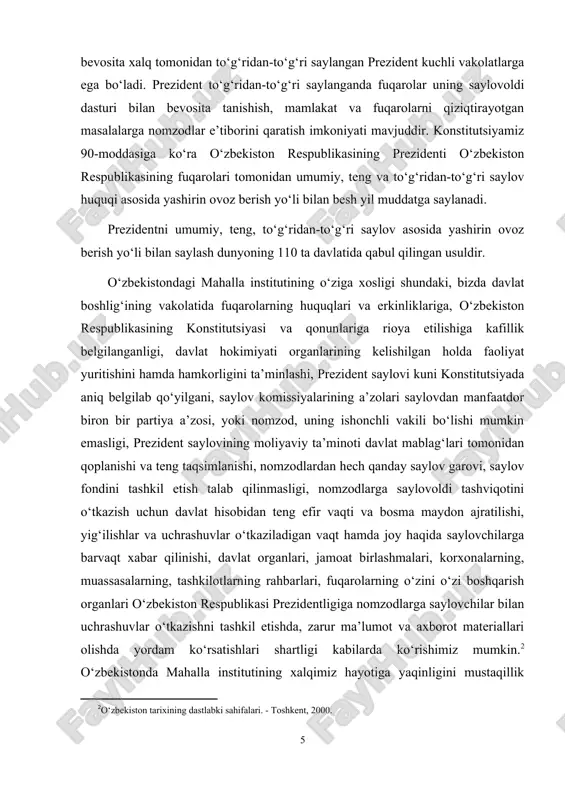 partiya a’zosi, yoki nomzod, uning ishonchli vakili bo‘lishi mumkin emasligi, prezident saylovining moliyaviy ta’minoti davlat mablag‘lari tomonidan qoplanishi va teng taqsimlanishi, nomzodlardan hech qanday saylov garovi, saylov fondini tashkil etish talab qilinmasligi, nomzodlarga saylovoldi tashviqotini o‘tkazish uchun davlat hisobidan teng efir vaqti va bosma maydon ajratilishi, yig‘ilishlar va uchrashuvlar o‘tkaziladigan vaqt hamda joy haqida saylovchilarga barvaqt xabar qilinishi, davlat organlari, jamoat birlashmalari, korxonalarning, muassasalarning, tashkilotlarning rahbarlari, fuqarolarning o‘zini o‘zi boshqarish organlari o‘zbekiston respublikasi prezidentligiga nomzodlarga saylovchilar bilan uchrashuvlar o‘tkazishni tashkil etishda, zarur ma’lumot va axborot materiallari olishda yordam ko‘rsatishlari shartligi kabilarda ko‘rishimiz mumkin.[footnoteref:2] o‘zbekistonda mahalla institutining xalqimiz hayotiga yaqinligini mustaqillik yillarida bo‘lib o‘tgan prezident saylovlarida saylovchilarning 90 % dan ortig‘i ishtirok etganligidan ham bilib olishimiz mumkin. jahonning ko‘plab davlatlarida bu raqam odatda o‘rtacha 50-60 %dan oshmasligini ko‘rishimiz mumkin. [2: o‘zbekiston tarixining dastlabki sahifalari. - toshkent, 2000. ] shu ma’noda mahalla instituti demokratik institut hisoblanib, birinchidan, o‘zbekiston respublikasining prezidenti o‘zbekiston respublikasining …