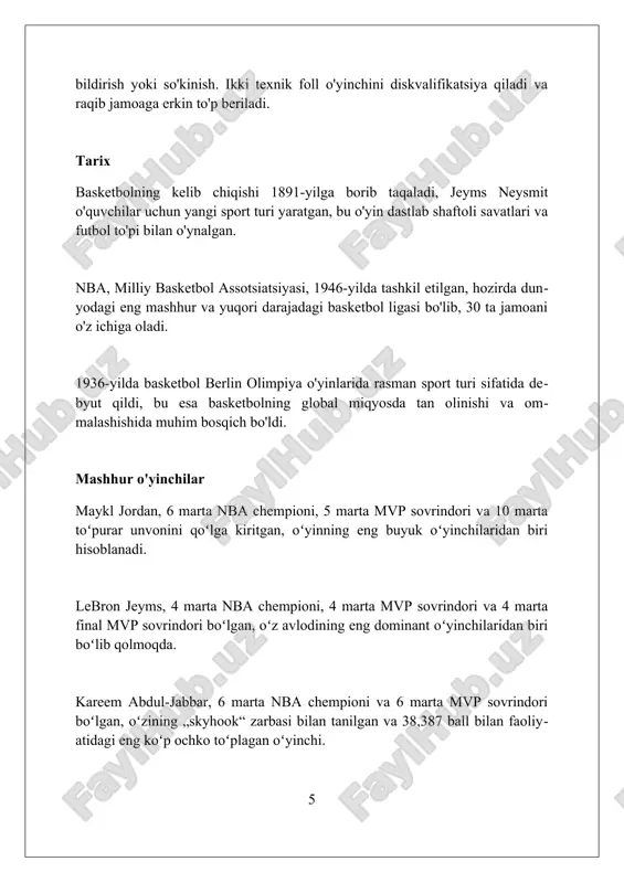 orlikda 1 milliard dollardan ortiq sotuvga erishdi va modaga ta’sir ko’rsatdi. nba global tomoshabinlari 212 mamlakatda 40 dan ortiq tillarda translyatsiya qilinadi, bu uning dunyo madaniyatiga chuqur kirib borganini va musobaqalarning ahamiyatini tasdiqlaydi. xulosa basketbol nafaqat jismoniy mashq, balki strategiya, jamoaviy ruh va tezkor qaror qabul qilishni talab qiluvchi dinamik sport turidir. u butun dunyo bo'ylab millionlab odamlarni birlashtiradi. foydalanilgan adabiyotlar 1. naismith, j. (1891). basketball. (basketbol.) 2. hollander, z. (ed.). (1999). the modern encyclopedia of basketball (2nd ed.). st. martin's griffin. (basketbolning zamonaviy ensiklopediyasi (2-nashr).) 3. grundman, a. h. (2004). the golden age of amateur basketball: the aau tournament, 1921-1968 0 0 0 7