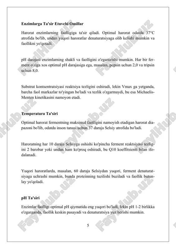 vmax kamayadi, km esa o'zgarmaydi. qaytmas ingibitorlar ferment bilan kovalent bog' hosil qiladi, faol markazni doimiy ravishda o'zgartiradi va fermentning faolligini butunlay yo'qotadi; masalan, asosan zaharli moddalar shunday ta'sir ko'rsatadi. xulosa enzimlar biologik katalizatorlar sifatida muhim rol o'ynaydi, reaksiyalarni tezlashtiradi va hayotiy jarayonlarni ta'minlaydi. ular metabolizm, hujayra signallari va boshqa ko'plab funksiyalarda zarur. foydalanilgan adabiyotlar 1. biokimyo. berg, j.m., tymoczko, j.l., stryer, l. (2015). w. h. freeman. 2. fermentlar: tuzilishi, mexanizmi va dasturlari. djerassi, c. (1994). holden-day. 3. enzim kinetikasi: davomiylik va mexanizmlar. cornish-bowden, a. (2012). portland press. 4. harperning biokimyosi. murray, r.k 0 0 0 7