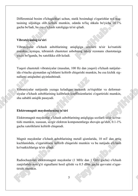 i hali ham o'zbekistonda qo'llaniladi, ammo ularning o'rnini bosuvchi o'zbekiston davlat standartlari (o'zdst) ishlab chiqilmoqda, bu esa milliy metrologik tizimni mustahkamlaydi. xulosa tashqi omillar, xususan, harorat, o'lchash asboblarining metrologik ko'rsatkichlariga sezilarli ta'sir ko'rsatadi, bu esa ±0.05% aniqlikdagi o'zgarishlarga olib kelishi mumkin. bosimning 100 kpa dan pastga tushishi yoki namlikning 80% dan yuqori bo'lishi o'lchash natijalarida 0.1 daraja celsiusgacha bo'lgan xatoliklarni keltirib chiqarishi mumkin, ayniqsa yuqori aniqlikdagi o'lchovlarda. vibratsiya va elektromagnit maydonlar kabi tashqi omillar ham o'lchov xatoligiga ta'sir qiladi, bu esa asbob ko'rsatkichlarida 2-3 gs chastotada nomutanosibliklarni keltirib chiqarishi mumkin. xulosa harorat va boshqa tashqi omillar metrologik ko'rsatkichlarga sezilarli ta'sir ko'rsatadi, bu esa o'lchov aniqligi va ishonchliligini ta'minlash uchun hisobga olinishi kerak. foydalanilgan adabiyotlar 1. har, n., va boshqalar. "haroratning o'lchov asboblarining aniqligiga ta'siri." o'lchov fanlari va texnologiyasi jurnali, 22(5), 055103, 2011. 2. bell, s.a. o'lchov uncertaintysini baholash bo'yicha qo'llanma. npl report dem-es-011, teddington, buyuk britaniya, 2005. 3. iso/iec 17025 …