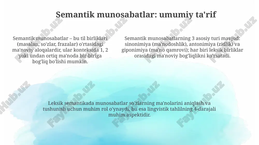 bo'laklari orqali 3 ta so'z bir biridan ajralib turadi. misollar bilan taqqoslash misollar bilan taqqoslashda giperonim va giponim munosabatlariga e'tibor qaratish muhim; masalan, "meva" giperonim, "olma" esa giponim bo'lib, 1-misol sifatidagi "olma" 2-misol bo'lgan "meva"ning bir turidir. gradonimiya 3-misol sifatida "issiq", "iliq", "sovuq" kabi so'zlar ketma-ketlikda darajalanishni ko'rsatadi. ularning farqi 4-misolning intensivligida, shuningdek, har bir leksik birlikning ma'nosida. gradonimiya 3-misol sifatida "issiq", "iliq", "sovuq" kabi so'zlar ketma-ketlikda darajalanishni ko'rsatadi. ularning farqi 4-misolning intensivligida, shuningdek, har bir leksik birlikning ma'nosida. semantik munosabatlarning ahamiyati so'zlashuvda semantik munosabatlar nutqning aniqligini oshiradi, ya'ni 'quvonch' va 'xursandchilik' kabi sinonimlar orqali ma'noni boyitadi va 'katta-kichik' antonimlaridan farqli o'laroq, fikrlarni aniq ifodalash imkonini beradi. semantik munosabatlarning ahamiyati matnlarni tushunishda katta rol o'ynaydi, chunki ular so'zlar orasidagi aloqalarni aniqlash orqali matnning mazmunini ochishga yordam beradi, shu jumladan, sinonimiya va antonimiya kabi 12 turdagi munosabatlar. kompyuter lingvistikasida semantik munosabatlar 100 dan ortiq so'z boyligini o'z ichiga olgan wordnet kabi …