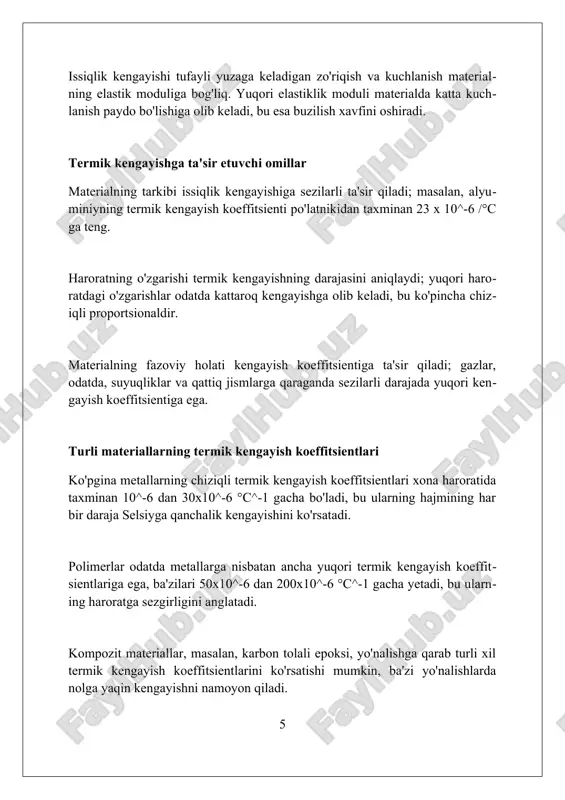 at o'zgarishi tufayli yuzaga keladigan termik kengayishni hisobga olish zarur; aks holda, materiallar 0.01 metrdan ortiq buzilishga uchrashi mumkin. termik kengayishning salbiy tomoni shundaki, u issiq suyuqliklar uchun mo'ljallangan idishlarda kuchlanishni keltirib chiqarishi mumkin; ayniqsa, 100°c dan yuqori haroratlarda shisha idishlar yorilib ketishi mumkin. xulosa termik kengayish ko'rsatkichlari har xil materiallar uchun farqlanadi, bu esa 20°c haroratda po'lat uchun 12 x 10^-6 /°c va alyuminiy uchun 24 x 10^-6 /°c ni tashkil etadi. haroratning o'zgarishi materialning o'lchamlarida (uzunlik, yuza, hajm) sezilarli o'zgarishlarga olib kelishi mumkin, ayniqsa yuqori kengayish koeffitsientiga ega bo'lgan materiallarda. termik kengayishni tushunish muhandislikda juda muhim, chunki u ko'priklar va binolar kabi tuzilmalarni loyihalashda deformatsiyalarni hisobga olish imkonini beradi. xulosa materiallarning issiqlikdan kengayishi harorat o'zgarishi bilan hajm, maydon yoki shaklning o'zgarishiga olib keladi, bu esa muhandislik va kundalik hayotda e'tiborga olinishi kerak. foydalanilgan adabiyotlar 1. isiqlikdan kengayish, viktor mixaylovich baranov. - moskva: fizmatlit, 2004. 2. materialshunoslik asoslari, uilyam …