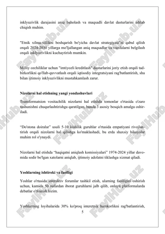 3 ta interetnik madaniy loyihalarni moliyalashtirish va 90% maqsadga erishish muhim. interetnik kelishmovchiliklarni oldini olish uchun, 24 soatlik ishonch telefon liniyasi tashkil etish va har oyda 100 dan ortiq fuqaroga psixologik yordam ko'rsatish zarur. xulosa etnoslararo munosabatlardagi innovatsion jarayonlar oʻzaro hurmat, hamkorlik va madaniy boylikni oshirish orqali barqaror rivojlanishga xizmat qiladi. foydalanilgan adabiyotlar 1. etnoslararo munosabatlarda innovatsion jarayonlar: nazariya va amaliyot. toshkent: fan, 2023. 2. ko'p madaniyatli jamiyatda interaktiv texnologiyalarning roli. "jahon siyosati" jurnali, 2022, 3-son. 3. etnik nizolarni hal etishda yangi yondashuvlar: global tajriba. samarqand davlat universiteti ilmiy axborotnomasi, 2021, 6-son. 4 ( 0 0 0 ) ( 7 )