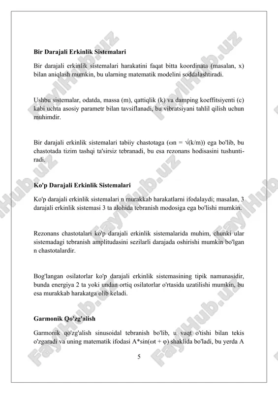 ment method (fem) kabi numerik usullar qo'llaniladi, bu jarayonlar aniqlikni oshirishga yordam beradi. vibratsiya muammolarini hal qilishda chastotali domen analizi muhim rol o'ynaydi, chunki u vibratsiya spektrini aniqlash va asosiy chastotalarni topishga imkon beradi. xulosa mexanik tebranishlar muhandislikda muhim ahamiyatga ega bo'lib, tuzilmalar barqarorligini ta'minlash va noqulay ta'sirlarni minimallashtirish uchun chuqur tushunishni talab qiladi. foydalanilgan adabiyotlar 1. rao, s. s. (2019). mexanik tebranishlar (6-nashr). pearson education. 2. inman, d. j. (2017). muhandislik tebranishlari (4-nashr). pearson education. 3. thomson, w. t., dahleh, m. d. (1998). tebranishlar nazariyasi va qo'llanmalari. prentice hall. 4. meirovitch, l. (2001) ( 0 0 0 ) ( 7 )
