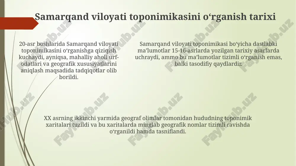 hayotiy ahamiyatini koʻrsatadi. choʻl hududlaridagi 'quduq' soʻzi bilan bogʻliq toponimlar, masalan, 'quduqli' 25-35ta joy nomida uchraydi. bu hududda suv resurslarining muhimligidan dalolat beradi. choʻl hududlaridagi 'quduq' soʻzi bilan bogʻliq toponimlar, masalan, 'quduqli' 25-35ta joy nomida uchraydi. bu hududda suv resurslarining muhimligidan dalolat beradi. afsonalar va rivoyatlarda aks etgan toponimlar "bibixonim" toponimi amir temurning sevimli ayoli sharafiga qo'yilgan bo'lib, u masjid qurilishi bilan bog'liq afsonaga asoslangan va muhabbat ramzidir. "cho'pon ota" toponimi afsonaga ko'ra, amir temur qo'shiniga suv topishda yordam bergan cho'pon bilan bog'liq, bu joyning strategik ahamiyatini ko'rsatadi. "hazrati dovud g'ori" toponimi dovud payg'ambarning u yerda dushmanlardan qochgani haqidagi rivoyat bilan bog'liq, bu joyning muqaddas maqomini belgilaydi. toponimlarni saqlash va oʻrganishning dolzarbligi xx asrda toponimlarning oʻzgarishi siyosiy oʻzgarishlar natijasi boʻlib, ularni saqlash kelajak avlodlar uchun tarixiy xotirani tiklash demakdir. toponimlarni saqlash, madaniy merosning bir qismi sifatida, milliy oʻzlikni anglash va 1991-yildan keyingi mustaqillikni mustahkamlash uchun juda muhimdir. toponimlarni oʻrganishda lingvistik …