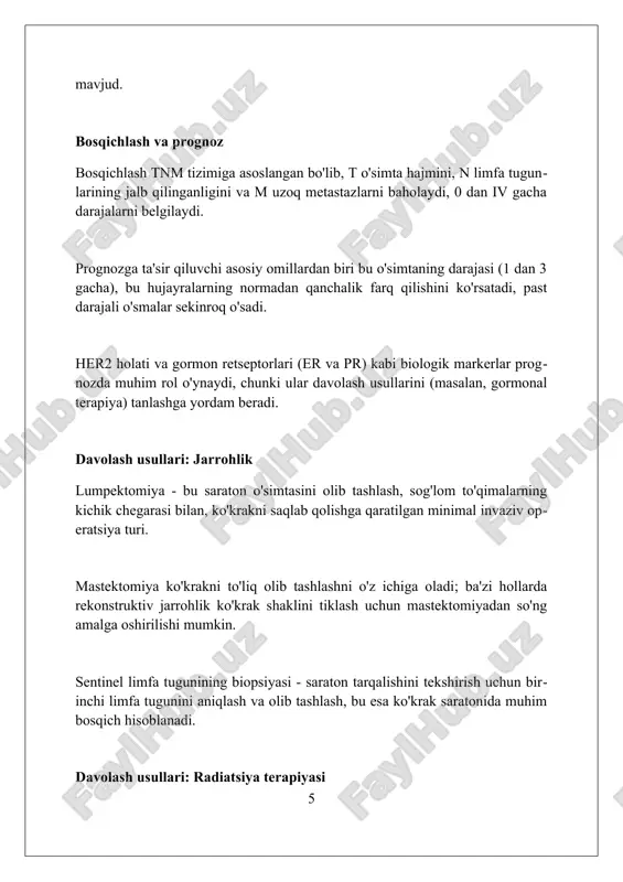 rning jismoniy, ijtimoiy, hissiy va funktsional holatini 0 dan 148 gacha ball bilan baholaydi. psixo-ijtimoiy reabilitatsiya bemorlarga depressiya va tashvishni yengishga yordam beradi, 6 oylik kognitiv xulq-atvor terapiyasi bilan 50% hollarda samaradorlik kuzatiladi. xulosa ko'krak bezi saratoni jiddiy muammo bo'lib, erta tashxis qo'yish va samarali davolash orqali oqibatlarni sezilarli darajada kamaytirish mumkin. foydalanilgan adabiyotlar 1. anderson, b. o., et al. "breast cancer." the lancet 398.10307 (2021): 1151-1169. 2. desantis, c. e., et al. "breast cancer statistics, 2019." ca: a cancer journal for clinicians 69.6 (2019): 438-451. 3. gradishar, w. j., et al. "breast cancer ( 0 0 0 ) ( 7 )