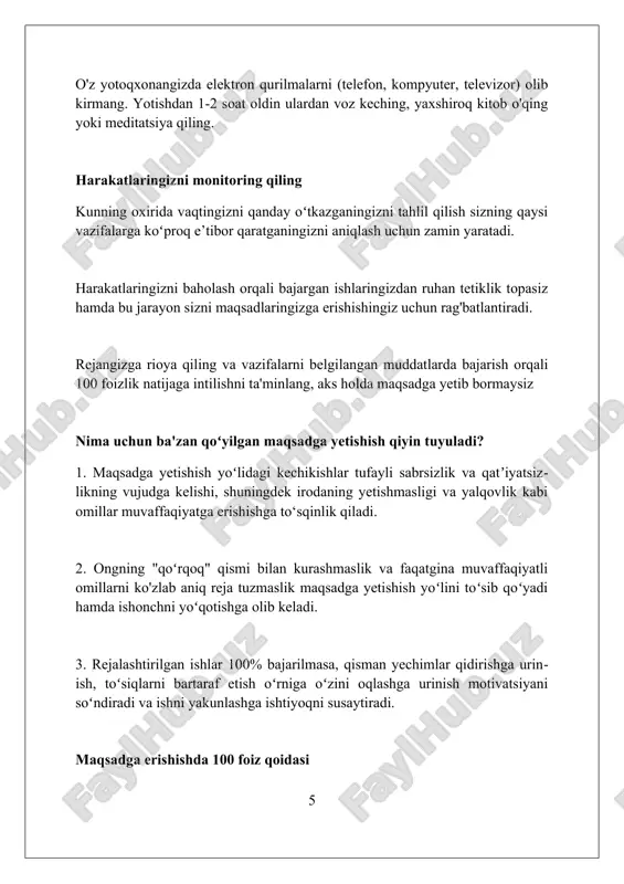 ma-bosqich kuzatiladi. ish vaqtining oqilona taqsimlanishiga rioya qiling ish vaqtida 50/10 qoidasiga rioya qiling: har 50 daqiqa ishlagandan so'ng, 10 daqiqa dam oling. bu usul ish samaradorligini oshiradi va diqqatni jamlashga yordam beradi. ish kunini 3 ta asosiy qismga bo'ling: vazifalar, tanaffuslar va rejalashtirish. har bir qism uchun aniq vaqt belgilang va bu vaqtga qat'iy rioya qiling. kunning eng muhim vazifalarini 20% qoida asosida ertalab bajaring. bu vaqtda energiya yuqori bo'ladi va samaradorlik maksimal darajada bo'ladi. xulosa xulosa qilib aytganda vaqtni to'g'ri boshqarish kasbiy jihatdan va inson sifatida rivojlanish uchun eng muhim hisoblanadi. foydalanilgan adabiyotlar "vaqtni boshqarish bo'yicha muhim maslahatlar" haqida ma'lumot bering. minimal - "5", maksimal - "10" ta havola kiritilishi kerak. referatlar sarlavhasisiz uchun tavsiyalar: 1. kovi s.r. sem navikov visokoeffektivnux lyudey. vozvrat k etike xaraktera. – m.: «veche, persey, astrel», 1998 ( 0 0 0 ) ( 7 )