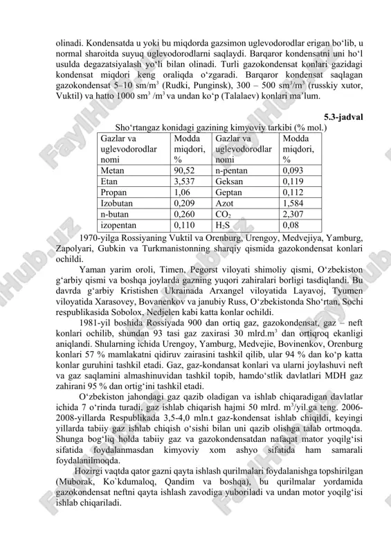 % gacha) yuqoriligi bilan farq qiladi. boshqasi esa bu uglevodorodlar miqdori kamligi va siklopentan gomologlari miqdori yuqoriligi bilan tavsiflanadi. kondensatlarning uglevodorod tarkibi quyidagi qonuniyat bilan tavsiflanadi. alkanlar ichida 2-, 3- va 4-monometil almashinganlari tarmoqlangan tuzilishni namoyon qiladi. dimetil hosilalar ichida asosan 2,3- va 2,4-dimetil izomerlar uchraydi. siklopentan uglevodorodlari metil- va etil- almashingan bo‘ladi. shuningdek 1,2- va 1,3-dimetilsiklopentan ko‘rinishida ham mavjud bo‘ladi. odatda kondensatlarda dimetilsiklogeksanni hamma 3 xil izomeri uchraydi. shundan, 1,3-dimetilsiklogeksanni miqdori 50 dan 70 % gacha bo‘ladi. gaz holatidagi parafin uglevodorodlar gaz holatdagi parafin uglevodorodlar tarkibi c1 dan c4 gacha bo‘lgan alkanlar tashkil etadi, bularga: metan, etan, propan, butan, izobutan kiradi, hamda 2,2-dimetilpropan – neopentan normal sharoitda gaz holida bo‘ladi. bularning hammasi tabiiy va neft gazlari tarkibiga kiradi. gaz konlari uch xil turda bo‘lishi mumkin. 1. toza gaz konlari 2. gaz kondensati konlari 3. neft konlari birinchi turdagi gaz konlari tabiiy gaz konlari deb atalib, asosan metandan tashkil topgan …