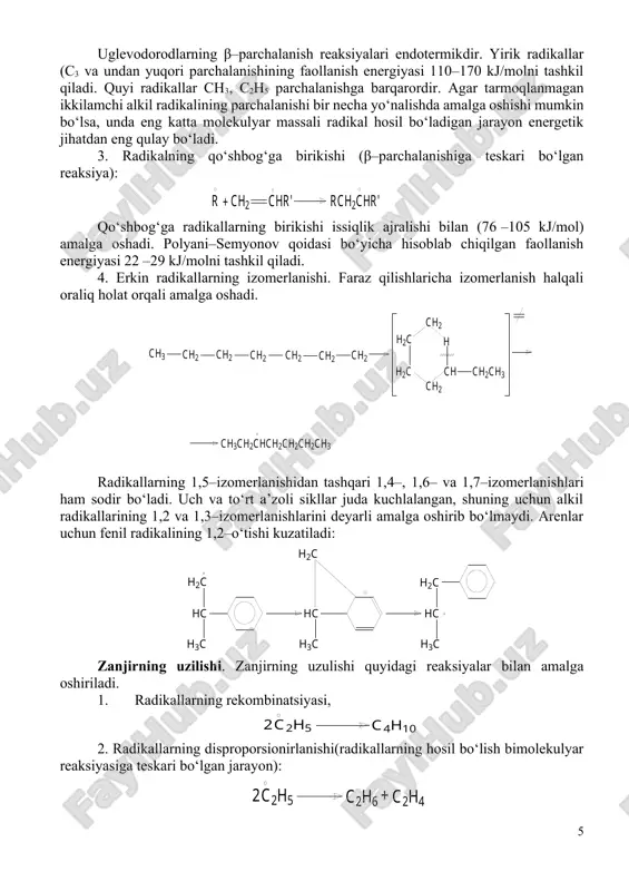 lamchi va uchlamchi vodorod atomlarining soniga ko‘paytirib, tegishli radikallarning hosil bo‘lish ehtimolligini topish mumkin. n–butan hamda 600oc haroratda birlamchi va ikkilamchi butil radikallari hosil bo‘lish extimolligining nisbati 3:4 ga teng bo‘ladi. oddiy alkanlar uchun hisoblab chiqilgan ma’lumotlar deyarli eksperimental ma’lumotlar bilan to‘g‘ri keladi. 2. to‘yinmagan molekulalar va molekulyar massasi kichikroq bo‘lgan yangi erkin radikallarning hosil bo‘lishi bilan radikallarning parchalanishi. parchalanish asosan juftlashmagan elektronli uglerod atomiga nisbatan β–holatda joylashgan eng kuchsiz bog‘ bo‘yicha boradi. (β–qoida): uglevodorodlarning β–parchalanish reaksiyalari endotermikdir. yirik radikallar (c3 va undan yuqori parchalanishining faollanish energiyasi 110–170 kj/molni tashkil qiladi. quyi radikallar ch3, c2h5 parchalanishga barqarordir. agar tarmoqlanmagan ikkilamchi alkil radikalining parchalanishi bir necha yo‘nalishda amalga oshishi mumkin bo‘lsa, unda eng katta molekulyar massali radikal hosil bo‘ladigan jarayon energetik jihatdan eng qulay bo‘ladi. 3. radikalning qo‘shbog‘ga birikishi (β–parchalanishiga teskari bo‘lgan reaksiya): qo‘shbog‘ga radikallarning birikishi issiqlik ajralishi bilan (76 –105 kj/mol) amalga oshadi. polyani–semyonov qoidasi bo‘yicha hisoblab chiqilgan faollanish energiyasi …