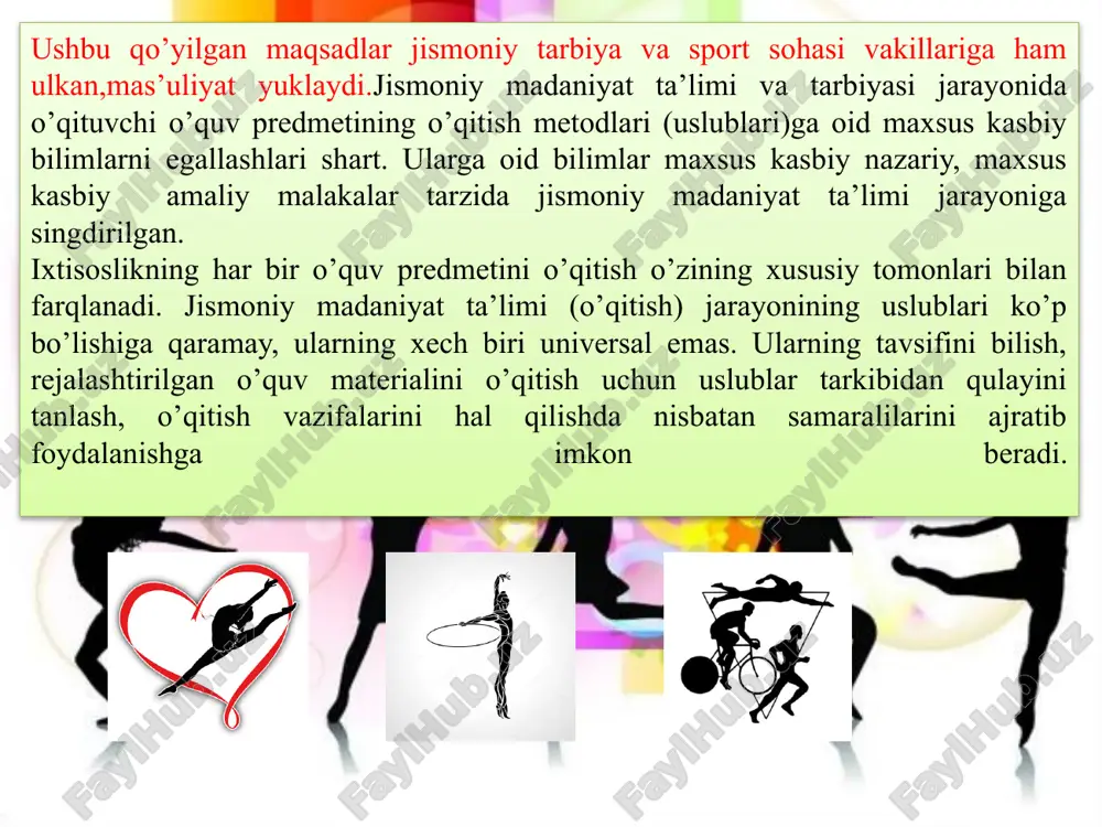 qo’llash orqali bir hil harakat faoliyatini o’qitish kutilgan natijani berishi ta’lim jarayoni amaliyotida yangilik emas. harakat faoliyatini - jismoniy mashqni o’qitish jarayonida quyidagi metodlardan: mashqni texnikasini to’liq - qanday bajarilsa shundayligicha bajartirish tarzida o’qitish (o’rgatish) metodi; 2) mashq texnikasi tuzilishining alohida bo’laklari (texnikaning negizi, zvenolari, detallarini alohida bo’laklarga (qismlarga) ajratish bilan o’qitish; 3) mashq texnikasi bo’laklarining har birini alohida o’zlashtirib so’ng ularni bir-biriga ulab, qo’shib o’zlashtirish metodlaridan foydalaniladi. qayd qilingan jismoniy madaniyat ta’limi metodlari ta’lim jarayonining har xil sharoitga moslab, o’quv vazifalarini aniq belgilab, o’quvchilar guruhi yoki ularning individual xususiyatlarini e’tiborga olib, ta’limning davrlari, o’quv materialining xarakteri va mazmuni, o’quv vositalarining soni (jixozlar, snaryadlar va boshqalar)ni xisobga olib foydalanishni taqazo etadi. bu uslubdan asosan jismoniy sifatlarni rivojlantirish maqsadida nisbatan ko’proq foydalaniladi. qismlarga (bo’laklarga) ajratish bilan o’zlashtirish uslubiyotini qo’llashning boshlanishi harakat faoliyatini alohida bo’laklarga ajratib, ularni astasekin, zarur bo’lgan umumiylikka birlashtirishni nazarda tutadi. bu uslubiyotni to’laqonli amalga oshirish, ko’p holatlarda o’qituvchining …