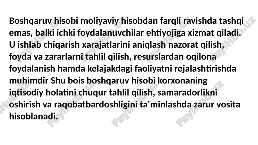 dorlikni oshirishga qaratilgan bo'lsa, moliyaviy hisob tashqi hisobot va nazoratni ta'minlaydi. 7. boshqaruv hisobida axborotlarning roli va ahamiyati boshqaruv hisobida axborotlar korxona faoliyatini samarali boshqarishda eng muhim omil hisoblanadi. ular menejer va rahbariyatga to'g'ri, o'z vaqtida va asosli qarorlar qabul qilish imkonini beradi. axborotlar yordamida ishlab chiqarish xarajatlari, daromadlar, foyda, mahsulot tannarxi va resurslardan foydalanish holati tahlil qilinadi. bu esa rejalashtirish, nazorat, tahlil va strategik rivojlanish jarayonlarida muhim rol o'ynaydi. shuningdek, aniq va ishonchli axborotlar korxonaga raqobatbardoshligini oshirish, risklarni kamaytirish va uzoq muddatli maqsadlarga erishishda yordam beradi. shu sababli, boshqaruv hisobida axborotlar samarali boshqaruv tizimining asosi hisoblanadi. risk - bu faoliyat natijasida kutilmagan yo'qotishlar, zararyoki foyda kamayishi ehtimoli demakdir. ya'ni, oldindan aniq bo'lmagan, lekin yuz berishi mumkin bo'lgan salbiy holatdir. 8. boshqaruv hisobi axborotlaridan foydalanuvchilar boshqaruv hisobi axborotlaridan asosan korxonaning ichki foydalanuvchilari foydalanadi. ular bu ma'lumotlar asosida faoliyatni rejalashtiradi, nazorat qiladi va strategik qarorlar qabul qiladi. asosiy foydalanuvchilar quyidagilardir: • …