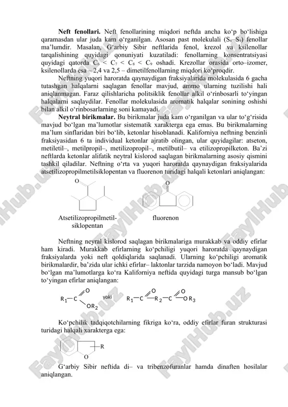 0,03 dan 3,0 % gacha o‘zgaradi. naften kislotalar 1874 yilda kerosinli fraksiyalarning ishqor bilan tozalanganda eyxler tomonidan aniqlangan. uzoq vaqt davomida «naften kislotalar» atamasi «neft kislotalari» atamasiga tenglashtirilar edi. buni ma’lum darajada quyidagicha tushuntirish mumkin: ilgari neftni uncha chuqur bo‘lmagan joylardan qazib olar edilar va ular asosan naften asosli yosh neftlar bo‘lib, bu neftlar tarkibidagi naften kislotalarning ulushi neftdagi bo‘lgan barcha kislotalarning umumiy miqdoridan 90–95 % ni tashkil qilar edi. neftlarda molekulasida 1–dan 5–gacha polimetilen halqalarni saqlagan naften kislotalar aniqlangan. mono– va bitsiklonaften kislotalar asosan siklopentan va siklogeksan halqalaridan tuzilgan. karboksil guruhi bevosita halqaning uglerod atomida joylashgan yoki undan bir yoki bir nechta metilen guruhlari bilan ajratilgan bo‘lishi mumkin. polimetilen halqasi birtadan o‘rtacha metil o‘rinbosarlariga ega bo‘lishi mumkin, bunda ko‘p hollarda halqaning birta uglerod atomi ikkita metil o‘rinbosarlari saqlashi mumkin (gem–almashinish). politsiklonaften kislotalarda barcha halqalar yaxlit sistemaga tutashgan hamda halqalar asosan olti a’zoli deb hisoblaydilar. tutashmagan polimetil halqali kislotalar to‘g‘risida …