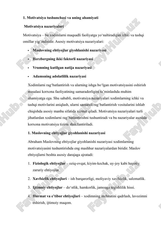 , motivator omillarni ham faol qo‘llashi zarur. bu xodimlar ishga qoniqish bilan yondashishini ta’minlaydi. 3. vrumning kutilgan natija nazariyasi victor vrumning kutilgan natija nazariyasi motivatsiyani xodimning kutilgan natijaga bo‘lgan e’tiboridan kelib chiqib tushuntiradi. nazariyaga ko‘ra, xodim: · ma’lum bir ishni bajarish orqali natija olishini kutadi, · bu natija xodim uchun qiymatga ega bo‘lishi kerak, · va xodimning mehnat samaradorligi o‘zini rag‘batlantirish ehtimoli bilan bog‘liq. vrum nazariyasi motivatsiya tizimini ishlab chiqishda natija va rag‘batni aniq bog‘lash, xodimlar uchun rag‘batning qadrini oshirish imkonini beradi. 4. adamsning adolatlilik nazariyasi john adamsning adolatlilik nazariyasi xodimning ishga bo‘lgan motivatsiyasini adolat hissi bilan bog‘laydi. nazariyaga ko‘ra, xodim o‘zining ish mehnati va rag‘batini boshqa xodimlar bilan solishtiradi. agar u adolatsizlikni sezsa, motivatsiyasi pasayadi, ish samaradorligi kamayadi yoki u boshqa choralarni izlaydi. shu sababli, korxona motivatsiya tizimini yaratishda xodimlar orasidagi tenglik va adolat tamoyillarini hisobga olishi muhimdir. motivatsiya nazariyalari korxona rahbarlariga xodimlarni rag‘batlantirishda ilmiy asos beradi. maslov, herzberg, …