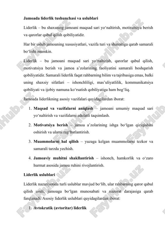 atga ega. liderlik uslubi har bir vaziyatga mos bo‘lishi, jamoa a’zolarining xususiyatlarini hisobga olishi va tashkilotning maqsadlariga xizmat qilishi lozim. shu bois, rahbarlar liderlik uslubini tanlashda bir nechta muhim omillarni inobatga olishadi. 1. jamoaning xususiyatlari jamoa a’zolarining tajribasi, bilim darajasi, motivatsiyasi va ijtimoiy munosabatlari liderlik uslubini tanlashda asosiy omil hisoblanadi. masalan: · yangi va tajribasiz xodimlar bilan ishlashda avtokratik yoki transaktsion uslub samarali bo‘lishi mumkin, chunki bu uslublar aniq ko‘rsatmalar va nazoratni ta’minlaydi. · tajribali va mustaqil ishlay oladigan jamoalarda demokratik yoki transformatsion uslub qo‘llash maqsadga muvofiqdir, chunki ular ijodiy fikrlarni rivojlantirish va jamoani ilhomlantirish imkonini beradi. 2. vazifaning murakkabligi va turi vazifa tabiati va murakkabligi ham rahbarning uslubini belgilashda muhimdir: · oddiy, standart va texnik ishlar uchun qat’iy nazorat va aniq ko‘rsatmalar talab qiluvchi avtokratik uslub samarali bo‘ladi. · murakkab, innovatsion va ijodiy yondashuv talab qiladigan vazifalarda demokratik yoki transformatsion liderlik ko‘proq natija beradi. 3. tashkilotning madaniyati va qadriyatlari …