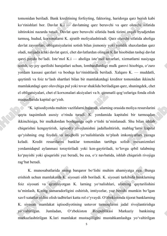 xavf-xatarlar oldini olish tadbirlari katta rol oʻyvaydi. oʻzbekistonda tijorat banklarning k. siyosati mamlakat iqtisodiyotining ustuvor tarmoqlarini jadal rivojlantirishga yoʻvaltirilgan. jumladan, oʻzbekiston respublikasi markaziy bankining markazlashtirilgan k.lari mamlakat mustaqilligini mustahkamlashga yoʻvaltirilgan yangi ishlab chiqarish korxonalarini barpo etishga ajratilmokda. shuningdek, mamlakat tijorat banklari ham yangi ishlab chiqarish quvvatlarini barpo etishga k.lar ajratish bilan birga kichik va oʻrta biznesni qoʻllabquvvatlashni ham amalga oshirmoqda. imtiyozli shartlarda ajratilayotgan k.lar va mikrokreditlar shular jumlasidandir. k. tizimi: markaziy bank, tijorat banklari, kredit uyushmalari va chet el banklari filiallari va vakolatxonalari. k. tizimida markaziy bank alohida oʻrin tutadi va u emissiya maqomiga ega. mamlakatda k. tizimi faoliyati "oʻzbekiston respublikasi markaziy banki toʻgʻrisida" (1995.21.12), "banklar va bank faoliyati toʻgʻrisida" (1996. 25.4) qonunlari bilan tartibga solinadi”[footnoteref:1] [1: kun.uz saytidan olingan ma’lumot] ahmadjon oʻlmasov, qahramon haqberdiyev[footnoteref:2]. [2: .aholi daromadlari va turmush sifati (x.abdurahmonov va b.) toshkent-2009] pul shaklidagi kapital ssuda kapitali deyilsa, uning harakati kreditning mazmunini tashkil qiladi. kredit munosabatlari ikki …