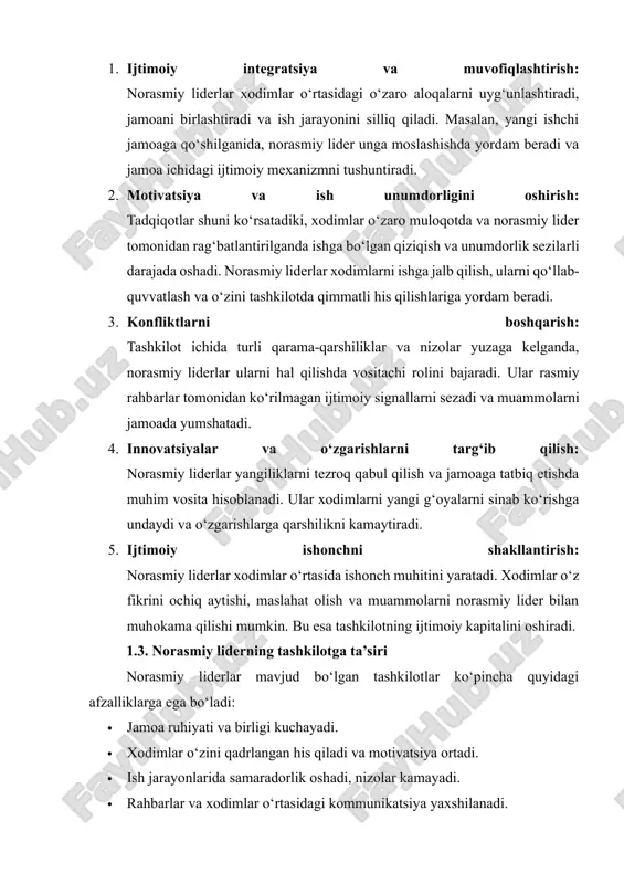 lar o‘rtasidagi kommunikatsiya yaxshilanadi. shuningdek, norasmiy liderlarning ta’siri rasmiy rahbarlarning qarorlarini qo‘llab-quvvatlash yoki aksincha, muvozanatni yaratishda muhimdir. masalan, agar rahbarning qarori jamoa tomonidan qo‘llab-quvvatlanmasa, norasmiy liderning yordami orqali qaror ijobiy qabul qilinishini ta’minlash mumkin. 2. norasmiy liderlarni aniqlashning nazariy usullari · sotsiometrik usul: xodimlar o‘rtasidagi ijtimoiy aloqalarni tahlil qilish. · ekspert baholash usuli: rahbar yoki mutaxassislar tomonidan xodimlarning ijtimoiy mavqei baholanadi. · o‘zini baholash usuli: xodimlar o‘zaro baholash orqali liderlarni aniqlaydi. norasmiy liderlar — bu tashkilotda rasmiy lavozimga ega bo‘lmagan, ammo xodimlar tomonidan e’tirof etilgan va ular ustidan ijtimoiy ta’sir o‘tkazuvchi shaxslar. norasmiy liderlarni aniqlash nazariy jihatdan muhim, chunki ular jamoadagi ijtimoiy muhit, xodimlar motivatsiyasi va ish unumdorligiga bevosita ta’sir ko‘rsatadi. norasmiy liderlarni aniqlashning nazariy usullari asosiy uch asosiy yo‘nalishga bo‘linadi: sotsiometrik, ekspert baholash va o‘z-o‘zini baholash usullari. shuningdek, zamonaviy nazariy adabiyotlarda ushbu usullarni kombinatsiyalash va tarmoq tahlili yondashuvlari ham mavjud. 2.1. sotsiometrik usul sotsiometrik usul — bu xodimlar o‘rtasidagi …