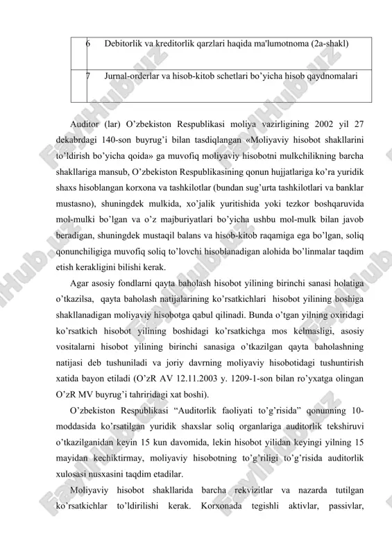 ing puxta o’tkazilgan inventarizatsiyasi bilan asoslangan bo’lishi kerak. inventarizatsiya o’zbekiston respublikasi moliya vazirligi tomonidan 1999 yil 19 oktyabrda egg`17-19-2075-son bilan tasdiqlangan o’zbekiston respublikasi 19-son “inventarizatsiyani tashkil etish va o’tkazish” nomli buxgalteriya hisobi milliy standarti (bhms) (ro’yxat raqami 833, 1999 yil 2 noyabr) da belgilangan tartibda o’tkaziladi. bunda yillik moliyaviy hisobotni taqdim etishga qadar doimiy ishlab turgan inventarizatsiya komissiyalari tomonidan inventarizatsiya davomida aniqlangan, boyliklar haqiqiy mavjudligining buxgalteriya hisobi ma'lumotlariga qaraganda tafovutlari tartibga solinishi kerak. debitorlik va kreditorlik qarzlarini ham inventarizatsiyadan o’tkazilishi lozim, ular o’zaro hisob-kitoblar saldosini tasdiqlaydigan solishtirish dalolatnomalari yoki xatlar bilan rasmiylashtiriladi. o’tkazilgan inventarizatsiyalar soni va natijalari, shuningdek ularni o’tkazmaslik sabablari yillik moliyaviy hisobotga ilova qilinadigan tushuntirish xatida aks ettirilishi kerak. moliyaviy hisobot shakllariga rahbar va bosh buxgalter imzo chekadi, imzolar muhr bilan tasdiqlanadi. moliyaviy hisobotda chiqarish va ustiga yozishlar bo’lmasligi kerak. xatolar tuzatilgan taqdirda tegishli qaydlar qilinadi, ularni moliyaviy hisobotlarga imzo chekkan shaxslar tasdiqlab, tuzatish sanasini ko’rsatadilar. joriy hamda …