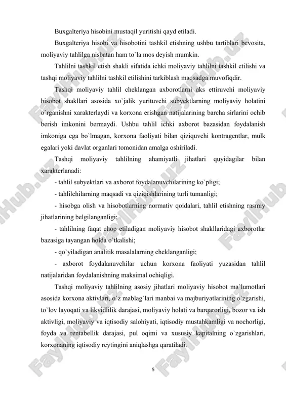 yangan holda o`tkalishi; - qo`yiladigan analitik masalalarning cheklanganligi; - axborot foydalanuvchilar uchun korxona faoliyati yuzasidan tahlil natijalaridan foydalanishning maksimal ochiqligi. tashqi moliyaviy tahlilning asosiy jihatlari moliyaviy hisobot ma`lumotlari asosida korxona aktivlari, o`z mablag`lari manbai va majburiyatlarining o`zgarishi, to`lov layoqati va likvidlilik darajasi, moliyaviy holati va barqarorligi, bozor va ish aktivligi, moliyaviy va iqtisodiy salohiyati, iqtisodiy mustahkamligi va nochorligi, foyda va rentabellik darajasi, pul oqimi va xususiy kapitalning o`zgarishlari, korxonaning iqtisodiy reytingini aniqlashga qaratiladi. ichki moliyaviy tahlil – korxonaning ichki bo`limlari, xodimlari tomonidan o`tkazilib o`rganiladigan masalalarning ko`lami bilan tashqi moliyaviy tahlildan farq etadi. ichki moliyaviy tahlilning axborotlar bazasi va o`rganiladigan masalalarning ko`lami tashqi moliyaviy tahlilga nisbatan keng hisoblanadi. uning axborotlar bazasiga faqat chop etiladigan moliyaviy hisobotlargina emas‚ balki moliyaviy hisobning barcha manbalari va hisobdan tashqari manbalarni ham kiritish mumkin. o`rganiladigan masalalar ko`lamini boshqaruvchilar va tahlilchilarning qiziqishlari doirasidan kelib chiqib belgilash mumkin. ushbu tahlil turining o`ziga xos xususiyatlarini quyidagi jihatlar bilan izohlash …
