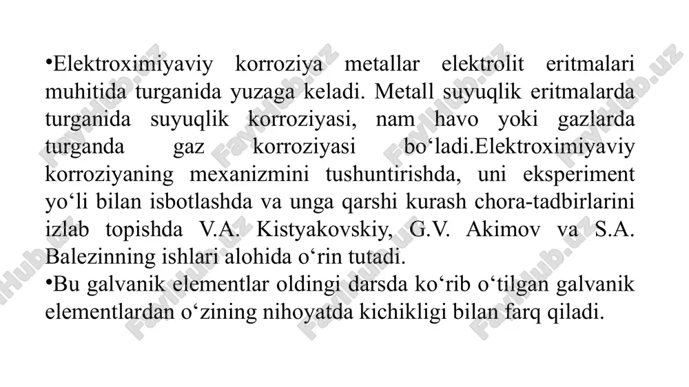 mis tuzlari eritmasidan misni siqib chiqarolmaydi.passivlangan metallar turli usullar bilan aktiv holatga keltirilishi mumkin. passivlanish metall yuzasining oksidlar bilan qoplanishidan iborat bo‘lganligi uchun, metallni qaytarish yoki pardani metall yuzasidan olib tashlash yo‘li bilan bu metallni aktiv holatga keltirish mumkin. shuni ham aytib o‘tish kerakki, yuzadagi pardalarning roli va ta’siri yuqorida aytib o‘tilganidek oddiy emas, balki murakkabdir. korroziyaga qarshi kurashning eng keng qo‘llaniladigan usuli korroziyalanishi mumkin bo‘lgan metall yuzasiga boshqa materiallar qoplashdir. bu qoplamalar asosan metall yuzasini elektrolit muhitdan ajratib, mikrogavlanik elementlar hosil bo‘lishiga yo‘l qo‘ymaydi. shu sababli qoplamalar zich bo‘lishi, korroziyadan saqlanadigan metall yuzasiga bir tekisda va yaxshi yopishishi kerak. hozirgi vaqtda turli qoplamalar ishlatiladi. 2-rasmda eng ko‘p ishlatiladigan qoplamalar ko‘rsatilgan.qanday qoplamadan foydalanish korroziyalanadigan metall yoki metall buyumning qaysi sharoitda ishlashiga bog‘liqdir. masalan, turar-joylarda ishlatiladigan va zarb yemaydigan, ishqalanmaydigan metall buyumlar laklanadi yoki ularning yuzasiga kimyoviy usulda ishlov beriladi: temir buyumlar toblanadi, fosfatlanadi, alyuminiy buyumlar esa oksidlanadi. suyuq muhitda (suvda, …