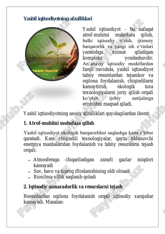 o‘sishni davom ettirish va ijtimoiy adolatni ta’minlashni birlashtiradi. u qayta tiklanuvchi energiya manbalaridan foydalanish, chiqindilarni kamaytirish, ekologik toza texnologiyalarni joriy qilish hamda tabiiy resurslardan oqilona foydalanish orqali barqaror taraqqiyotga xizmat qiladi. dunyo mamlakatlari bu yo‘nalishda jiddiy choralar ko‘rmoqda. o‘zbekiston ham yashil iqtisodiyotga o‘tish bo‘yicha aniq maqsadlar belgilab, amaliy loyihalarni boshlab yuborgan. jumladan, quyosh va shamol elektr stansiyalarining qurilishi, chiqindilarni qayta ishlash korxonalarining faoliyati va ekologik toza transport turlarining rivojlanishi bu boradagi muhim qadamlardir. shunday qilib, yashil iqtisodiyotga o‘tish nafaqat ekologik muammolarning oldini olish, balki yangi iqtisodiy imkoniyatlar va sog‘lom jamiyat qurishning asosiy yo‘li hisoblanadi. har bir davlat, tashkilot va fuqaro bu jarayonda o‘z o‘rnini topmog‘i va kelajak avlodlar uchun yashashga yaroqli muhitni yaratishga hissa qo‘shmog‘i lozim. foydalanilgan adabiyotlar 1. karimov i.a. yuksak ma’naviyat – yengilmas kuch. – toshkent: ma’naviyat, 2008. 2. “o‘zbekiston respublikasida yashil iqtisodiyotga o‘tish strategiyasi (2019–2030)” – toshkent, 2019. https://lex.uz – o‘zbekiston respublikasi qonun hujjatlari ma’lumotlar bazasi. 3. …