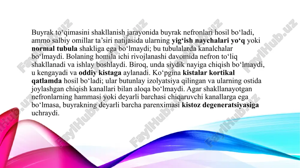 ar: buyrak klubochkalari, ichki quloq, ko‘z linzasi va to‘r parda. erkaklarda og‘ir kechadi, ayollarda ko‘pincha tashuvchilik yoki yengil shakl. sabablari (irsiy shakllar) iv tur kollagen sintezi buzilishi 1. x-bilan bog‘liq dominant (col4a5 geni) – 80–85% hollarda. 2. autosom-resessiv (col4a3, col4a4) – ~15%. 3. autosom-dominant (col4a3, col4a4) – ~1%. patogenez (rivojlanish mexanizmi) 1. gen mutatsiyasi (col4a3, col4a4, col4a5). 2. iv tur kollagen sintezi buziladi → α-zanjirlar noto‘g‘ri tuziladi. 3. bazal membrana o‘zgaradi: dastlab yupqalashish va yorilish. keyinchalik qalinlashish va destruksiya. 4. buyrak zararlanishi → gematuriya, proteinuriya, xpn. 5. quloq zararlanishi → sensor karsoqlik. 6. ko‘z zararlanishi → linza deformatsiyasi, retinopatiya, katarakta. klinik belgilari (simptomlar) gematuriya (95% ayollar, 100% erkaklarda). proteinuriya – bolalarda erta, ayollarda kam. arterial gipertenziya – ayniqsa erkaklarda va ar shakllarda. buyrak yetishmovchiligi – erkaklarda 16–35 yoshda, sekin kechsa 45–65 yoshda terminal bosqich. sensor karsoqlik – avval yuqori chastotalar, keyin past va o‘rta chastotalar. ko‘z kasalliklari – lentikonus (linza …