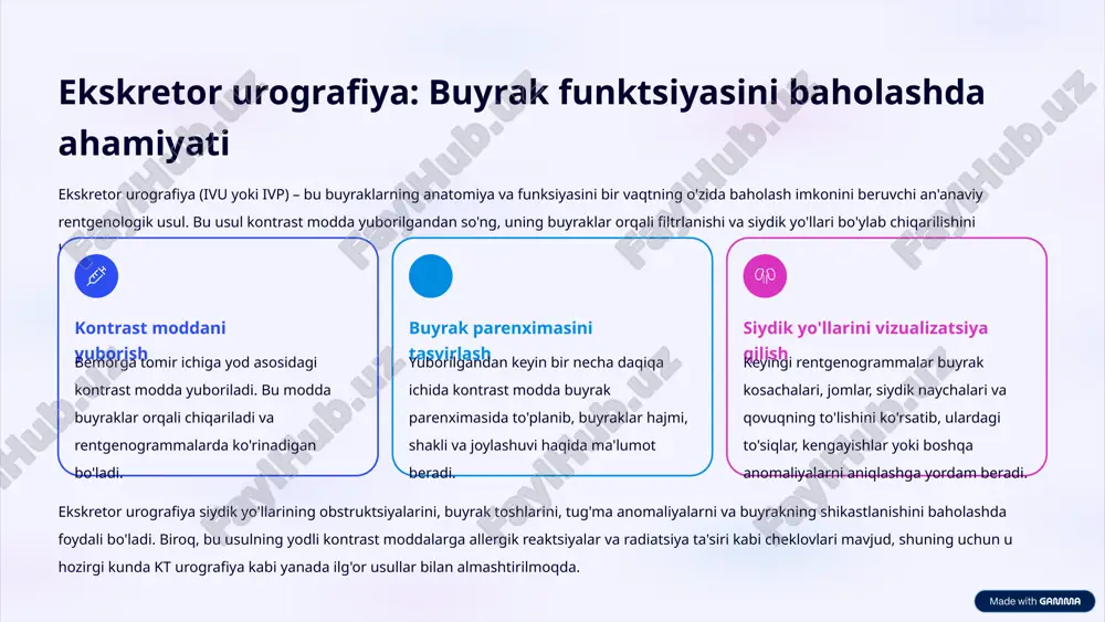 sh: ko'pchilik siydik toshlari (masalan, kalsiy oksalat toshlari) rentgenogrammalarda yaxshi ko'rinadi. buyrakning umumiy hajmi va joylashuvi: buyrakning kattalashishi yoki kichrayishi, shuningdek, anomal joylashuvi aniqlanishi mumkin. skelet patologiyalari: buyrak kasalliklari bilan bog'liq bo'lishi mumkin bo'lgan umurtqa pog'onasi yoki tos suyaklaridagi o'zgarishlarni baholash. qorin bo'shlig'idagi boshqa patologiyalar: ba'zan boshqa organlarning tasodifiy topilmalari (masalan, ichak tutilishi) aniqlanishi mumkin. ekskretor urografiya: buyrak funktsiyasini baholashda ahamiyati ekskretor urografiya (ivu yoki ivp) – bu buyraklarning anatomiya va funksiyasini bir vaqtning o'zida baholash imkonini beruvchi an'anaviy rentgenologik usul. bu usul kontrast modda yuborilgandan so'ng, uning buyraklar orqali filtrlanishi va siydik yo'llari bo'ylab chiqarilishini kuzatishga asoslangan. kontrast moddani yuborish bemorga tomir ichiga yod asosidagi kontrast modda yuboriladi. bu modda buyraklar orqali chiqariladi va rentgenogrammalarda ko'rinadigan bo'ladi. buyrak parenximasini tasvirlash yuborilgandan keyin bir necha daqiqa ichida kontrast modda buyrak parenximasida to'planib, buyraklar hajmi, shakli va joylashuvi haqida ma'lumot beradi. siydik yo'llarini vizualizatsiya qilish keyingi rentgenogrammalar buyrak kosachalari, jomlar, siydik …