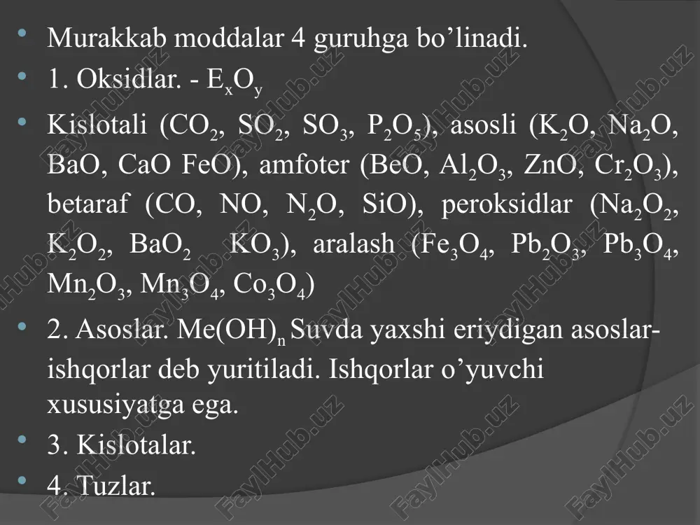 parchalanmasdan ionlarga ajraladi. m: naoh 1400oc da naoh = na+ + oh- al(oh)3 = al2o3 + h2o 2fe(oh)3 = fe2o3 + 3h2o 6. asoslar ta’sirida fenolftalein eritmasini pushti rangga, metiloranjni sariq rangga kiradi. 4. tuzlar molekulasida metall atomi va kislota qoldig’i bo’lgan murakkab moddalar tuzlar deyiladi. tuzlar molekulasining tarkibiga ko’ra 5 turga bo’ladi: 1.o’rta ; 2.nordon; 3.asosli; 4. qo’sh; 5.kompleks 1. o’rta tuz. kislota tarkibidagi n2 atomlari metallarga to’liq almashinishi yoki asoslar tarkibidagi (oh) guruh kislota qoldig’iga to’liq almashinish natijasida normal tuzlar hosil bo’ladi. mn: na2so4, feso4. nomlanishi. metall nomiga kislota nomi qo’shib aytiladi. nano3 - natriy nitrat na3po4 – natriy fosfat o’zgaruvchan valentli metallarning tuzlari bo’lsa: fe(no3)2 - temir (ii) nitrat; fe2 (so4)2 – temir (iii) sulfat. texnikaviy nomi bilan: nacl - osh tuzi; na2co3 – sodda, k2co3 – potash; kno3 – kaliyli selitra. 2.nordon tuzlar. kislota tarkibidagi h2 atomlarining bir qismi metallga almashinganda hosil bo’lgan tuz nordon (gidro) …
