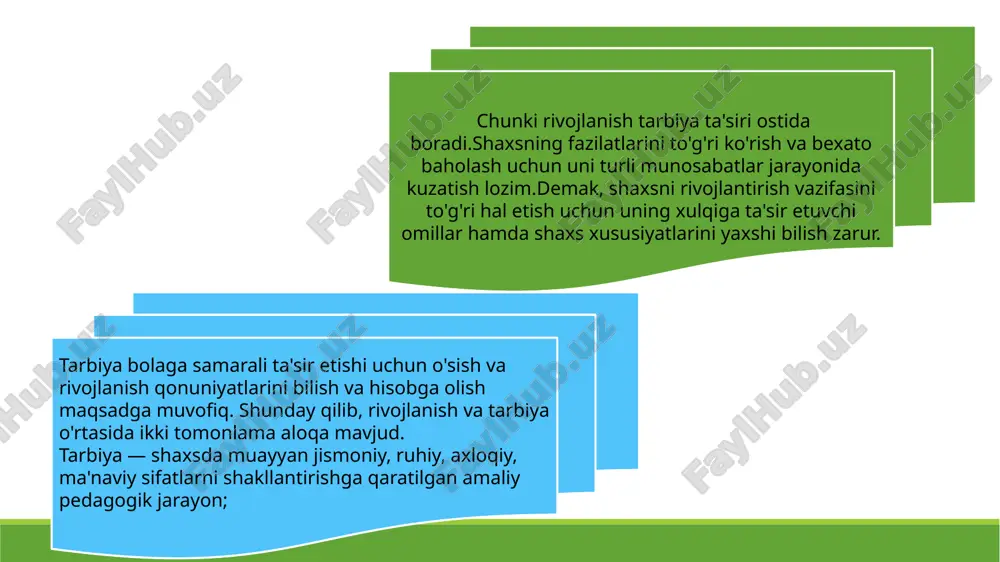 shunchadir. uning mohiyati shaxs xatti-harakatlari, turmush tarzi, ijtimoiy munosabatlar mazmunini ifodalaydi. axloqiy tarbiya mazmuni asosan quyidagilarda o'z ifodasini topadi: 1. jamiyatga, vatanga muhabbat va sadoqatni tarbiyalash. bu xildagi munosabatlar shaxsning vatanparvarligi, fuqaro yetukligi, baynalminallik kabi fazilatlarda aks etadi, uning maqsadlarida vatan boyliklarini ko'paytirish, mustahkamlash va himoya qilishga qaratilgan amaliy ishlarida namoyon bo'ladi. 2. mehnatga axloqiy munosabatni tarbiyalash. bu axloqiy munosabat shaxsning mehnat jarayonida namoyon bo'ladigan yuksak ongida, mehnatning hayotdagi rolini anglashida, xususiy va jamoa mehnatiga tayyorlik, mehnatsevarlikda ifodalandi. 3. atrofdagi kishilarga axloqiy munosabat. shaxsning jamoatchilik, ko'pchilik manfaatini o'z shaxsiy manfaatidan ustun qo'yishidir. axloqiy tarbiyani amalga oshirish yo'llari ➢ maktabda o'quvchilarga axloqiy tarbiya berishda xilma-xil usullar qo'llaniladi: ➢ dars, ta’lim jarayonida axloqiy tarbiyani qo'shib olib borish; ahil, inoq uyushtirilgan intizomli jamoa orqali axloqiy tarbiya berish; insonning ma’naviyati uning odobi, xulqi, madaniyatidan tashkil topadi. ma’naviyat esa aqliy, axloqiy, huquqiy, iqtisodiy va siyosiy bilimlar zamirida shakllanadi. sifat alohida bir shaxsning muayyan bir xislatini …