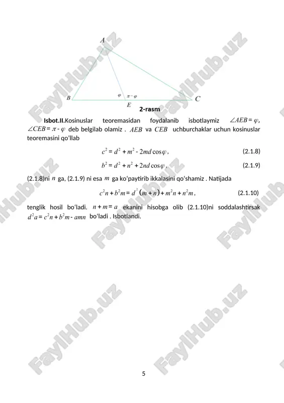 ay sinusi).berilgan uchburchakning va tomonlarini va tomonining davomini mos ravishda nuqtalarda kesib o‘tuvchi yo‘g’ri chiziq o‘tkazilgan. bunda bo‘ladi. isbot.menelay sinusini isbotlash uchun menelay teoremasidan foydalanamiz . sinuslar teoremasiga ko‘ra da da da da da da tengliklarni hammasini hadma-had ko‘paytirsak. . isbotlandi. 2.3.3-teorema.(menelay teoremasiga teskari teorema ). uchburchakning va tomonlarida va tomonining davomida olingan nuqtalar uchun tenglik o‘rinli bo‘lsa , nuqtalar bir to‘g’ri chiziqda yotadi . teoremani isbotlashdan oldin quyidagi lemmani isbotlaymiz. 2.3.1-lemma. uchburchak-ning tomonida olingan ixtiyoriy nuqta uchun tenglik o’rinli bo’ladi. haqiqatdan ham 13-rasmdaki ma’lumotlarga asosan ekanligi ma’lum. ekanlikini hisobga olib yuzalar nisbatini topsak tenglik hosil bo’ladi . lemma isbotlandi. endi teorema isbotiga qaytsak. isbot.14-rasmdagi kabi yuzalarni belgilab olsak nuqtalar bir to’g’ri chiziqda yotishini isbotlash uchun ekanini isbotlash kifoya. yuqorida isbotlangan lemmaga ko’ra : bu tengliklarni ko’paytiramiz teorema shartiga ko’ra (2.3.4) ekanlikini topamiz. yuqoridagi lemmaga ko’raga: . (2.3.5) (2.3.6) (2.3.5) va (2.3.6) dan kelib chiqadiki (2.3.7) (2.3.4) va (2.3.7) larni …