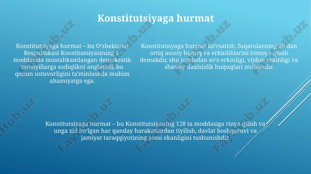xizmat to'g'risida'gi qonuni vatan himoyasining huquqiy asoslarini yaratadi, unda harbiy xizmatga chaqirilish tartibi va shartlari aniq ko'rsatilgan. birlashish va hamjihatlik konstitutsiyaning 8-moddasida "o'zbekiston xalqini millatidan qat'iy nazar, o'zbekiston respublikasining fuqarolari tashkil etadi" degan qoida "birlashish va hamjihatlik"ning huquqiy asosi hisoblanadi. "birlashish va hamjihatlik" 1991 yilda o'zbekiston mustaqillikka erishgach, millatlararo totuvlikni mustahkamlashning asosiy tamoyili sifatida e'lon qilindi. 2021-yilda "o'zbekiston – umumiy uyimiz" shiori ostida 130 dan ortiq millat va elat vakillari ishtirokida o'tkazilgan tadbirlar "birlashish va hamjihatlik"ning yorqin namunasidir. yangi o'zbekistonni yaratishda ishtirok 2022-yilda "obod qishloq" dasturi doirasida 500 dan ortiq qishloq va mahallalar obodonlashtirilib, infratuzilma yaxshilandi, shu bilan aholi turmush darajasi oshirildi. "taraqqiyot strategiyasi" 2022-2026 yillarda iqtisodiy o'sishni 5,4 foizdan yuqori darajaga ko'tarishni, kambag'allikni kamida ikki barobarga qisqartirishni nazarda tutadi. "yangi o'zbekiston"da ta'lim tizimi tubdan isloh qilinmoqda, jumladan, 2023-yilda 100 dan ortiq yangi maktablar qurildi va o'qituvchilarning malakasini oshirish dasturlari joriy etildi. xulosa xulosa qisqa va aniq bo'lishi kerak, taxminan …