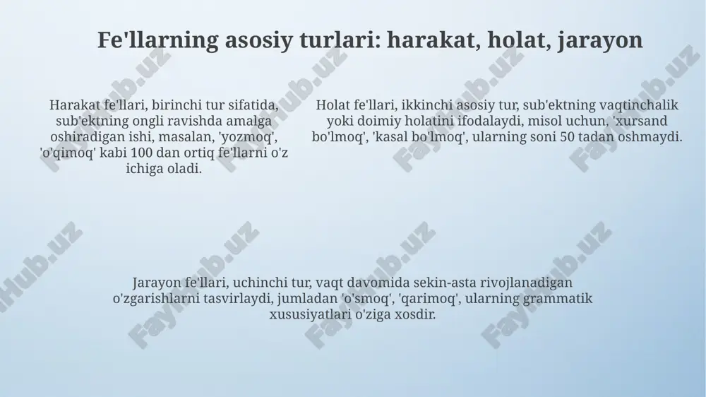 ib, aniq predmet yoki tushunchani anglatadi. masalan, "o'qish" so'zi harakatni bildirsa-da, "o'qish zalida" iborasida joyning otiga bog'liq. otlashgan harakat nomi ot bilan bog'lanib, aniq predmet yoki tushunchani anglatadi. masalan, "o'qish" so'zi harakatni bildirsa-da, "o'qish zalida" iborasida joyning otiga bog'liq. harakat nomining gapdagi vazifalari harakat nomi, aniqlovchi vazifasini bajarib, boshqa otni aniqlashi mumkin; misol uchun, "yugurish musobaqasi" iborasida "yugurish" so'zi "musobaqa" otini aniqlab, uning turini ko'rsatadi. harakat nomi gapda ega vazifasida kelib, gapning bosh subyekti sifatida 1-o'rinda turishi mumkin, masalan, "o'qish – bilim olishning asosi" degan gapda. harakat nomi, to'ldiruvchi bo'lib, fe'l yoki otga bog'lanib, uning ma'nosini to'ldiradi, masalan, "men suzishni yaxshi ko'raman" gapida "suzishni" so'zi "yaxshi ko'raman" fe'lini to'ldiradi. fe'l va harakat nomining ma'no nozikliklari ba'zi fe'llar o'z ma'nosida 5 xil noziklikka ega bo'lishi mumkin: boshlanish, davomiylik, tugallanish, natija va takroriylik. bular harakat nomida alohida ahamiyatga ega. "fe'l va harakat nomining ma'no nozikliklari"da davomiylik, tugallanganlik kabi 2 asosiy aspekt mavjud …