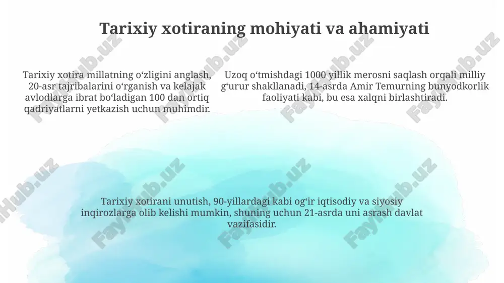 osi bozor iqtisodiyotiga o'tish, sanoatni rivojlantirish va 1990-yillarda infratuzilmani modernizatsiya qilish bilan bog'liq; bu maqsadlarga erishish uchun qat'iy choralar ko'rildi. xulosa "xulosa"da i. karimov 21-asr boshidagi murakkab geosiyosiy vaziyatda milliy manfaatlarni himoya qilish uchun oʻtmish saboqlaridan foydalanish kerakligini koʻrsatadi, bu esa xalq birligiga zamin yaratadi. "xulosa" i. karimovning asarida milliy oʻzlikni anglashning muhimligini taʼkidlaydi, bunda tarixiy xotira kelajak uchun asos boʻlib, 20 dan ortiq mustaqil voqealarni yodda saqlash zarurligini oʻrgatadi. "xulosa" qismida i. karimov mustaqillikning 30 yilligi arafasida milliy taraqqiyotning 5 ta muhim yoʻnalishini belgilab beradi va bu yoʻnalishlar tarixiy merosga asoslangan holda qurilishi kerakligini taʼkidlaydi. e'tiboringiz uchun rahmat image1.png