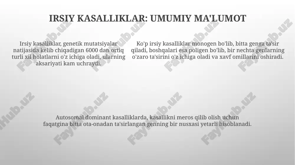 oilaviy rejalashtirishda muhim ahamiyatga ega. ekzom ketma-ketligi kabi genetik tekshiruv usullari, 30-40% hollarda metabolik kasalliklarning molekulyar sabablarini aniqlashga yordam beradi, aniq tashxis qo'yish imkonini beradi. tibbiy genetik maslahat jarayonida, genetik tekshiruv natijalari 70% hollarda kasallik xavfini baholash va profilaktika choralarini ko'rish uchun ishlatiladi. davolash usullari ko'pgina irsiy metabolik kasalliklar uchun ferment o'rnini bosuvchi terapiya mavjud, bunda yetishmayotgan fermentning rekombinant shakli har 1-2 haftada vena ichiga yuboriladi. ba'zi irsiy kasalliklar, masalan, fenilketonuriya (pku), umr bo'yi 2-4 gramm proteinni cheklash va maxsus aminokislotalar aralashmasini iste'mol qilish orqali boshqariladi. ba'zi irsiy kasalliklar, masalan, fenilketonuriya (pku), umr bo'yi 2-4 gramm proteinni cheklash va maxsus aminokislotalar aralashmasini iste'mol qilish orqali boshqariladi. dietoterapiya dietoterapiya davolashning asosiy qismidir, bunda oziq-ovqat mahsulotlarining tarkibi, miqdori va tayyorlanishi kasallikning metabolik buzilishlarini tuzatishga qaratilgan, masalan, glikogenozda 6-8 marta ovqatlanish tavsiya etiladi. dietoterapiya irsiy kasalliklar bilan og'rigan bemorlarga individual ravishda moslashtirilgan ovqatlanish rejalarini o'z ichiga oladi, masalan, fenilketonuriyada fenilalanin miqdori kam bo'lgan …