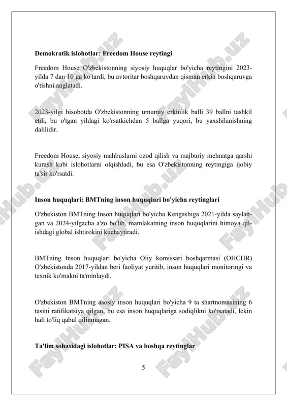 shishi kabi ko'rsatkichlar 'korrupsiyani idrok etish indeksi'da sezilarli o'zgarishlarga olib keldi, 14 pog'onaga ko'tarilish qayd etildi. ta'lim sohasidagi islohotlar, xususan pisa reytingidagi o'zgarishlar, kelajakda yuqori malakali ishchi kuchining shakllanishiga zamin yaratadi, taxminan 15% ga malakali mutaxassislar ko'payishi kutilmoqda. xulosa va tavsiyalar tavsiyalar: global raqobatbardoshlik indeksida (gci) 5 ballga o'sish uchun ta'lim sifatini oshirish va innovatsion ekotizimni rivojlantirish zarur. xulosa: 2030 yilga borib inson taraqqiyoti indeksida (hdi) 0.75 ko'rsatkichga erishish uchun sog'liqni saqlash va iqtisodiy tenglikni kuchaytirish kerak. tavsiyalar: korruptsiyani qabul qilish indeksi (cpi) bo'yicha reytingni yaxshilash uchun shaffoflikni oshirish va qonun ustuvorligini ta'minlash muhim. xulosa yangi oʻzbekistonning xalqaro reyting va indekslardagi aks etishi, islohotlar samaradorligini koʻrsatib, mamlakatning global integratsiyasini tezlashtiradi. foydalanilgan adabiyotlar 1. "yangi o'zbekistonning xalqaro reytinglar va indekslardagi aks etishi" - r. a. g'ulomov, iqtisodiy tadqiqotlar jurnali, 2023, № 2. 2. "o'zbekistonning global raqobatbardoshlik indeksidagi o'rni" - n. tursunov, moliya va bank ishi, 2022, № 4. 3 0 0 …