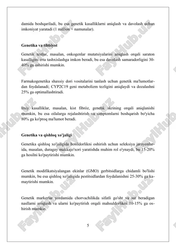 tlar nogironlikni erta aniqlash imkonini beradi, bu esa abort qilish qarorlariga ta'sir qilishi mumkin, 2005-yildan beri jiddiy bioetik muammolarni keltirib chiqarmoqda. kelajakdagi istiqbollar kelajakda genetik muhandislik qishloq xo'jaligida 30-40% hosildorlikni oshirish, kasalliklarga chidamli navlarni yaratish imkonini beradi. farmakogenomika 2030-yilga borib individual davolash usullarini 60% ga yetkazishga yordam beradi, bu esa nojo'ya ta'sirlarni kamaytiradi. genetik testlar, masalan, ngs texnologiyasi, onkologik kasalliklarni erta bosqichda 90% aniqlash imkoniyatini berib, hayot sifatini yaxshilaydi. xulosa genetika boshqa fanlar bilan chambarchas bog'liq bo'lib, biologiya, tibbiyot va qishloq xo'jaligida muhim yutuqlarga olib keladi. foydalanilgan adabiyotlar 1. klug, w. s., cummings, m. r., spencer, c. a., palladino, m. a. (2012). genetika tushunchalari (10-nashr). pearson education. 2. griffiths, a. j. f., wessler, s. r., lewontin, r. c., carroll, s. b. (2008) 0 0 0 7