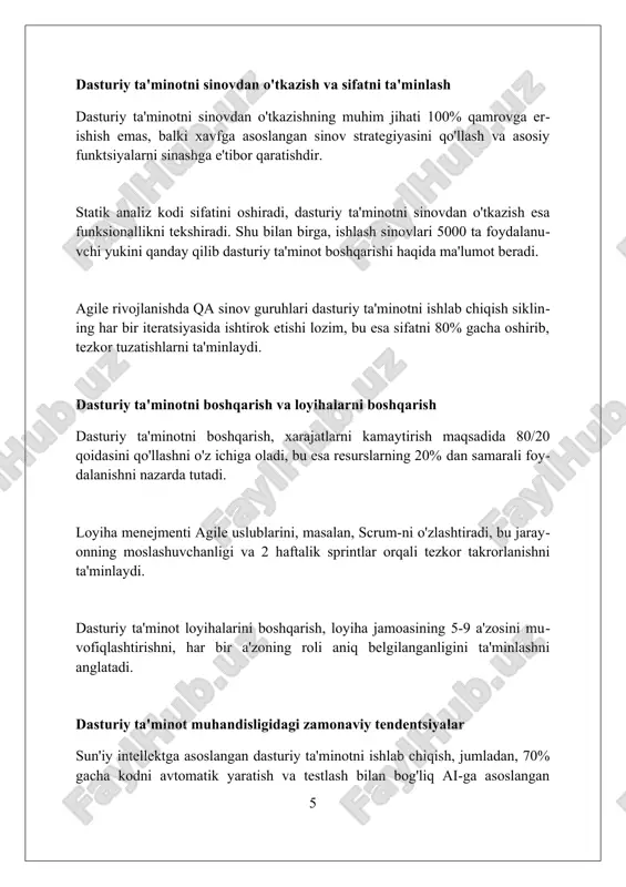 muhandisligining kelajagi dasturiy ta'minot muhandisligida sun'iy intellekt (si) yordamida kod yozish 70% gacha avtomatlashtirilishi, xatolarni kamaytirib, ishlab chiqish tezligini oshirishi mumkin. kelajakda dasturiy ta'minot muhandisligi kvant kompyuterlarining imkoniyatlaridan foydalanib, 100x tezroq hisoblash va murakkab algoritmlarni yaratishga imkon beradi. dasturiy ta'minot arxitekturasida serverlarsiz hisoblash 90% korxonalarda keng qo'llaniladi, bu esa infratuzilmani boshqarish xarajatlarini 50% ga kamaytiradi. xulosa dasturiy taʼminot injiniringi mohiyati va zamonaviy ahamiyati texnologik taraqqiyot va jamiyat rivojlanishi uchun muhim bo'lib, innovatsiyalar va samaradorlikni ta'minlaydi. foydalanilgan adabiyotlar 1. sommerville, i. (2016). dasturiy injeneriya (10-nashr). pearson. 2. pressman, r. s., maxim, b. r. (2015). dasturiy injeneriya: amaliy yondashuv (8-nashr). mcgraw-hill education. 3. ghezzi, c., jazayeri, m., mandrioli, d. (2002). dasturiy injeneriya asoslari. prentice hall. 4 0 0 0 7