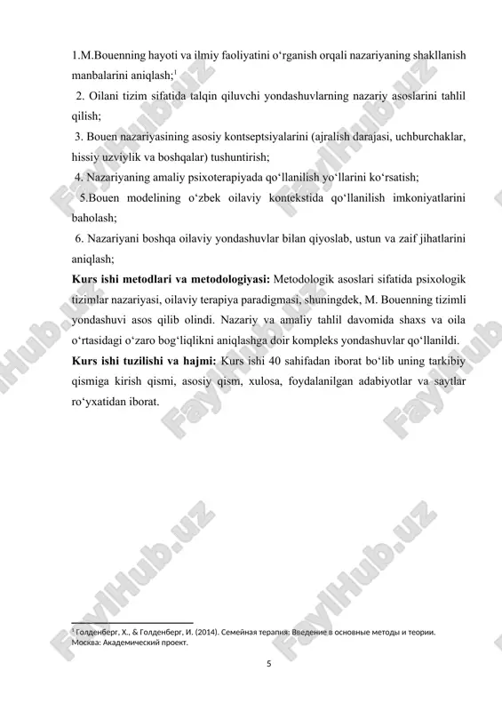 theory) kelib chiqishi uning klinik tajribasi, ilmiy izlanishlari va shaxsiy hayotiy kuzatuvlariga asoslanadi. quyida bu nazariyaning shakllanishiga ta’sir qilgan asosiy omillar keltirilgan: 1. klinik tajribasi va shizofreniya bilan ishlash 1950-yillarda bouen aqshdagi msmi (mental sog‘liq milliy instituti)da ruhiy kasalliklar, ayniqsa shizofreniya bilan og‘rigan bemorlar bilan ishlagan. u bemorlarning ruhiy holatini faqat individuallik asosida emas, balki ularning oilasi bilan bo‘lgan murakkab emotsional munosabatlar orqali tushunishga harakat qilgan. • bouen shizofreniya bemorlarining ruhiy holati ota-onaning, ayniqsa onaning haddan tashqari emotsional aralashuvi bilan bog‘liq bo‘lishi mumkinligini sezgan. • shu orqali u ruhiy salomatlikni tahlil qilishda individ emas, tizim — ya’ni oila — asosiy birlik bo‘lishi kerak, degan fikrga kelgan. 2. oilaga tizimli yondashuvning paydo bo‘lishi bouen avvalgi ruhshunoslardan farqli ravishda, odamni mustaqil individ sifatida emas, balki o‘z oilasining ajralmas qismi sifatida ko‘radi. shu yondashuv orqali u oilani bir-biriga ta’sir qiluvchi elementlar tizimi deb qaraydi. • agar bir a’zoda muammo bo‘lsa, bu butun tizimda …