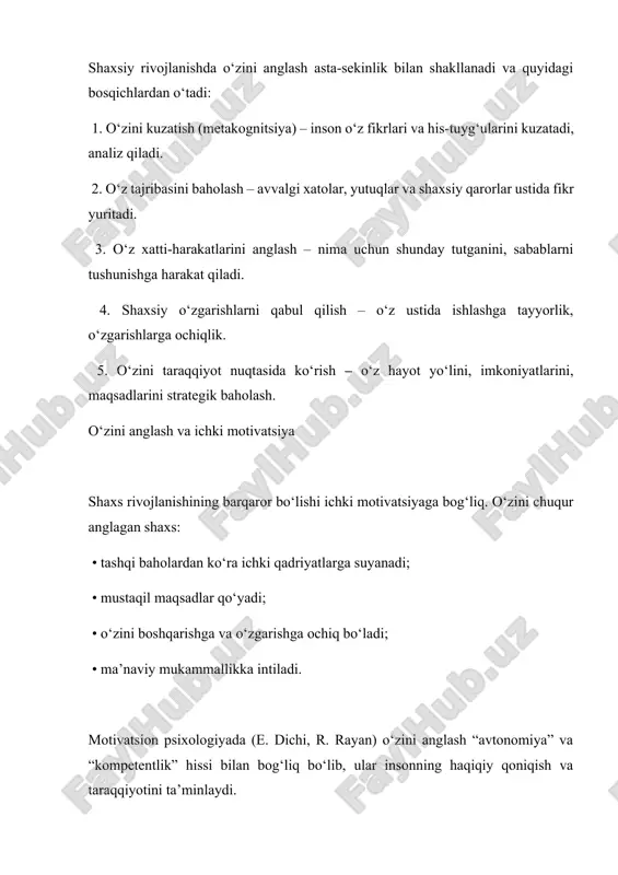 ama-qarshi tushunchalar bo‘lishiga qaramasdan, ular o‘zaro bog‘liq. agar insonda o‘z-o‘zini boshqarish kuchli bo‘lsa, u o‘z erkinligini mas’uliyat bilan muvofiqlashtiradi. bunday shaxs o‘zboshimchalik qilmasdan, mustaqil qaror qabul qila oladi, lekin bu qarorlar ijtimoiy me’yorlarga zid bo‘lmaydi. aksincha, o‘z-o‘zini boshqarish past darajada bo‘lsa, inson impulsiv, o‘ylamay harakat qiladigan, ijtimoiy cheklovlarni e’tiborga olmaydigan bo‘lib qoladi. zamonaviy jamiyatda muvaffaqiyatli shaxs bo‘lish uchun insonda o‘z-o‘zini boshqarish qobiliyati yetarli darajada shakllangan bo‘lishi muhim. bu nafaqat shaxsiy hayotda, balki ijtimoiy munosabatlarda ham muhim rol o‘ynaydi. o‘zboshimchalik esa boshqarilmagan holatda insonning o‘ziga va jamiyatga zarar yetkazishi mumkin. shu bois bu ikki psixologik holat o‘rtasidagi muvozanatni topish, shaxsiy va ijtimoiy taraqqiyot uchun zarurdir. 2.3. o‘zini anglashda ijtimoiy muhit va oila omillarining roli o‘zini anglash — bu shaxsning o‘zini ongli ravishda tanib borish, o‘z fikr, his-tuyg‘u va xatti-harakatlarini tushunish jarayonidir. bu jarayon nafaqat biologik va psixologik, balki ijtimoiy jihatdan shakllanuvchi murakkab tizimdir. shaxs o‘zini doimo ijtimoiy kontekstda anglaydi: oilada, maktabda, …