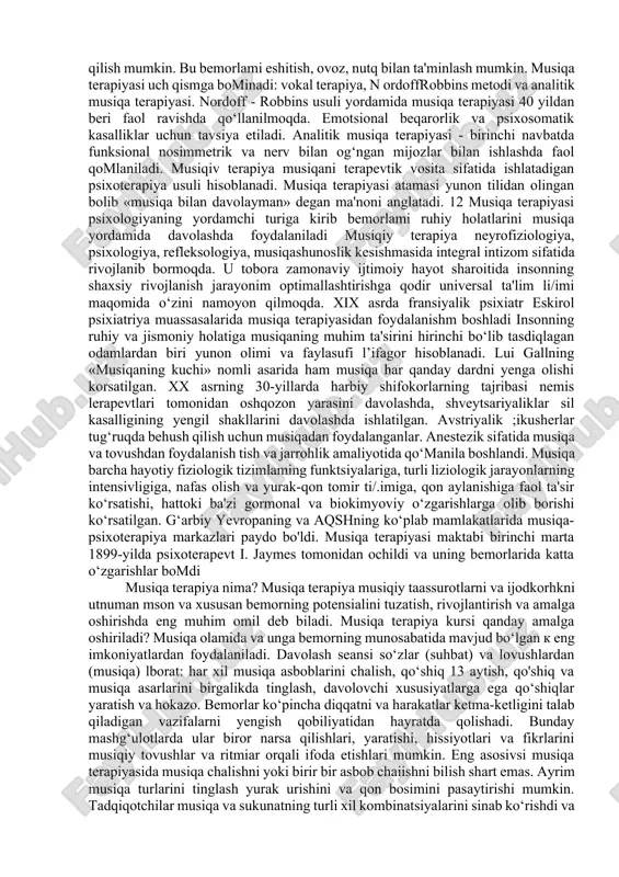 iga eng yaxshi musiqa bu elektron musiqa hisoblanadi, xomilador ayollarga esa olimlar klassik musiqani eshitishni tavsiya qilishadi, axir aynan shunday musiqa dunyoga keladigan bolakayning kelajakdagi musiqiy didini tarbivalashga xizmat qiladi. go‘dak tug‘ilishidan ancha oldinroq homiladorhkning taxminan 16 haltasidan boshlab tovushlarni eshita boshlaydi. aytishlaricha, go'daklar ona qomidaligidavoq doimiy tinglangan musiqalarini tanib qolish xususiyatiga ega boiar ekan. tadqiqotiar musiqa tinglash ma'lumotlami yaxshiroq o‘rganish va eslab qolishga yordam berishni ko‘rsatadi. musiqa yoki cholg‘u asboblarini chalish miyaning har ikki yarim sharini ham ishlashiga yordam beradi. yorug‘ joyda jo ‘shqin musiqalar tinglayotgan insonlaming ko‘proq ovqat iste'mol qilishlari kuzatilgan. agar ozish niyatingiz botsa ishtahangiz ochilib ketmasligi uchun biroz qorong‘i joyda bo‘shashtiruvchi musiqa ostida ovqatlaning. yer yuzida 350 milliondan ortiq insonlar depressiyada vurishadi. depressiya bilan yashaydigan insonlarni 90% uyqusizlikdan azoblanadi. ( iermaniya o'tkazilgan bir tarjiba orqali musiqa depressiyaning yaxshigina kushandasi ekani ma'lum bo‘ldi. i musiqa tinglash stress gormonlari ishlab chiqaruvchi kortizol faoliyatini pasaytirish orqali surunkali stress xavfini …